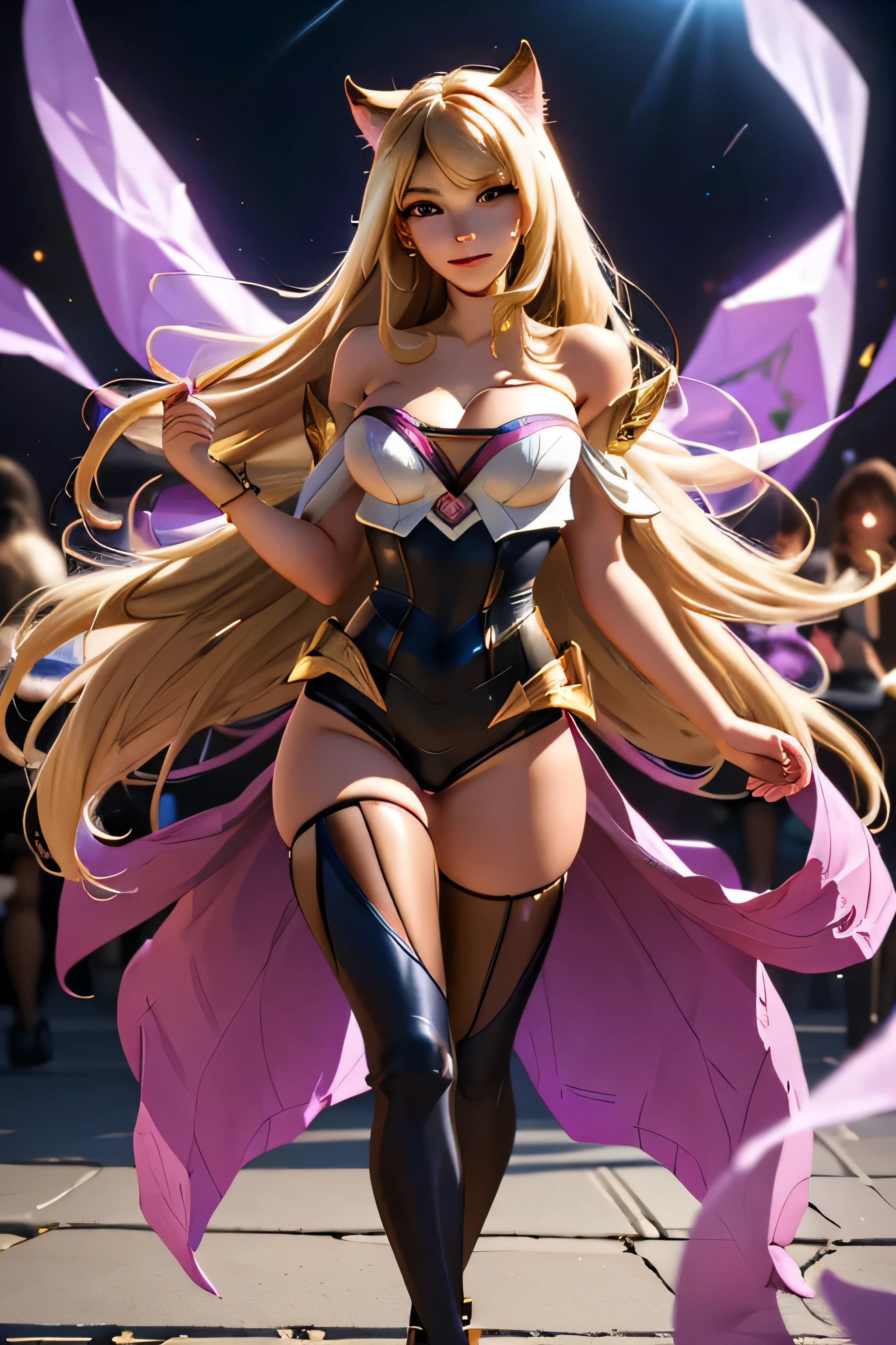 (masterpiece, best quality:1.2), intricate details, 1girl, cleavage, strapless, light smile, K/DA Ahri, long hair, gold hair, long legs, black thigh highs with lacy on outside and inside, full body, foxy ears, big breasts, sexy, emotionless 