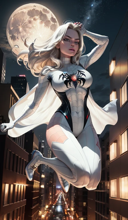 Margot Robbie (Masterpiece, 4k resolution, ultra-realistic, very detailed), (White superhero theme, charismatic, there's a girl at the top of town, wearing Spider-Man costume, she's a superhero), [ (25 years), (long white hair:1.2), full body, (blue eyes:1.2), ((Spider-Man pose),show of strength, jumping from one building to another), ((sandy urban environment):0.8)| (cityscape, at night, dynamic lights), (full moon))] # Explanation: The Prompt mainly describes a 4K painting of ultra-high definition, very realistic, very detailed. It shows a superheroine at the top of the city, wearing a Spider-Man costume. The theme in the painting is a white superhero theme, the female protagonist has long white hair, is 25 years old and her entire body is shown in the painting. In terms of portraying the actions of superheroines, spiders are employed