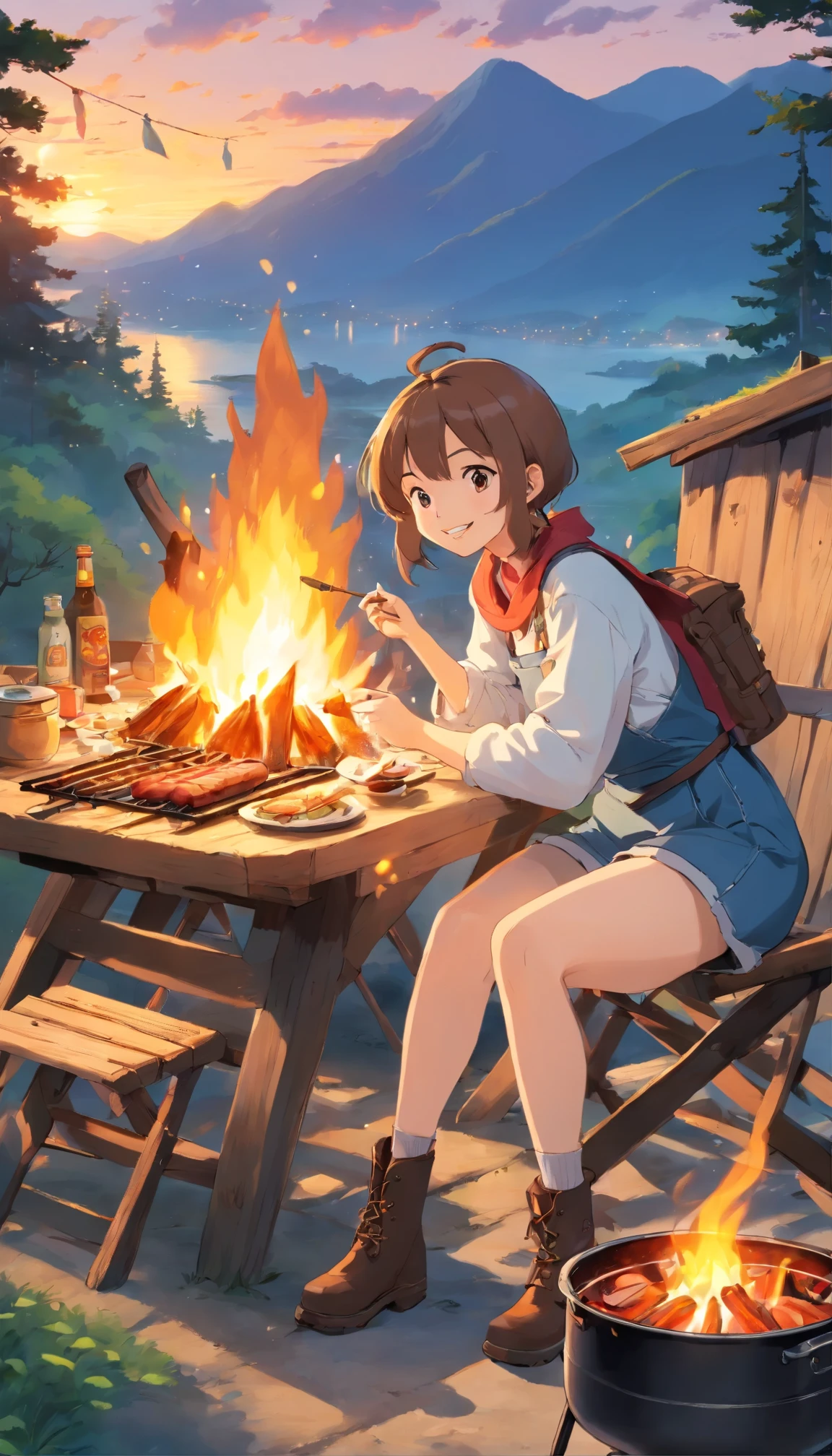 masterpiece、highest quality、One girl、Chestnut Hair、Capricorn Horn、cooking、Outdoor barbecue、Long sleeve、Black apron、Casual denim shorts、Black work boots、smile、Half-body photo、Facing the audience、sunset、Smoky atmosphere、Grab the tongs、Juicy sausages、Hot coals、Wild Adventure、Rustic background、Bright colors、Studio Lighting、Ultra-fine painting、Sharp Focus、Physically Based Rendering、Extremely detailed description、Setting your country、 Nearby campfire、Roasting marshmallows、Camping Chair、Beer cans on the table。