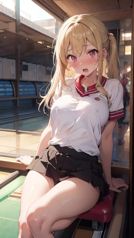 mastute piece,Best Quality,insanely detailed,8k cg,nsfw,
shoot upper body,(body in front:1.1),
1girl,standing,looking at viewer,(bowling uniform),bare breasts,
break,blush,shy,(trembling:1.2),Blonde hair,(large breasts:1.2),(open mouth:0.9),(bowling alley),