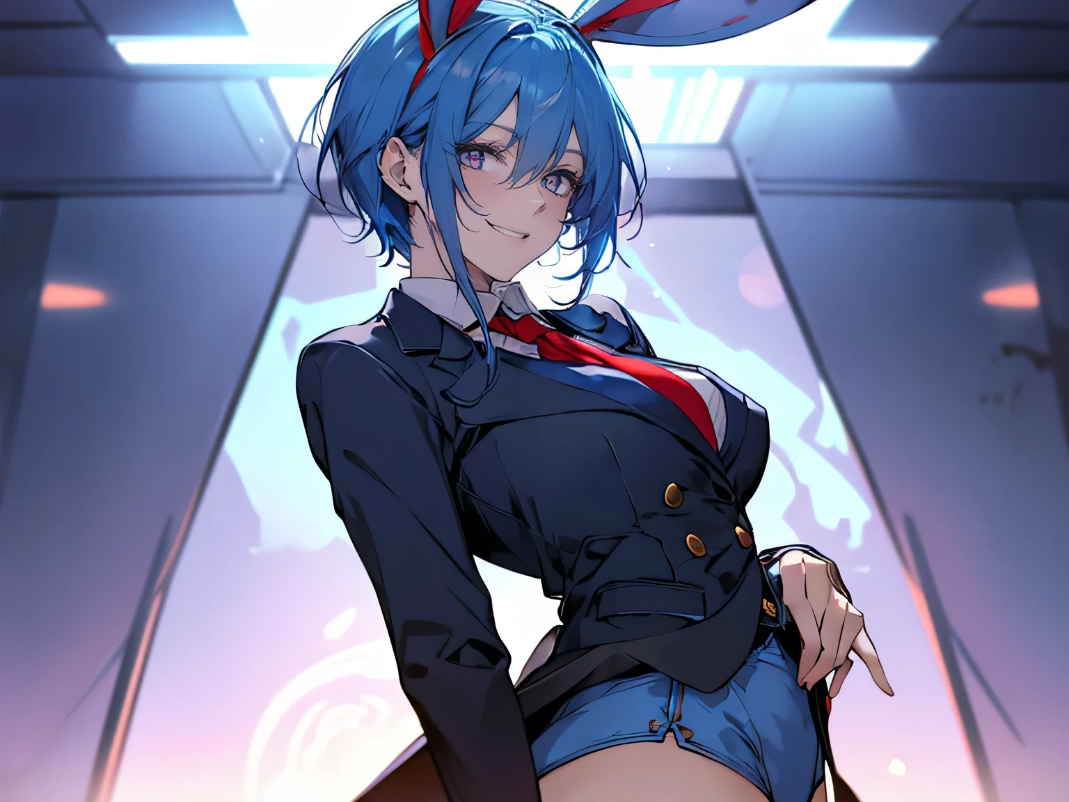 1female, teacher, wearing a light blue suit, red tie, bootyshorts, light blue bunny ears, Thicc, light blue hair, short hair, glowing purple eyes, face to detail, detailed eyes, the background is a dark place, smiling, and laughing. Close up.