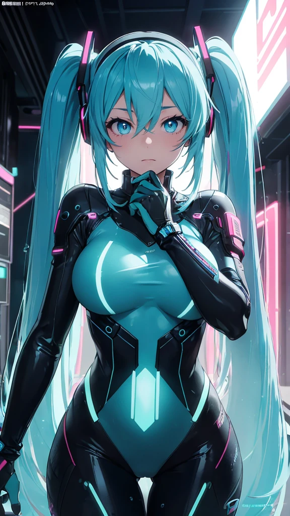 ((Highest quality))、(masterpiece)、Hatsune Miku VOCALOID、(Twin tails)、Light blue hair、Water-colored pupils、cyber punk、Ultimate Physical Beauty、Big Ass、(Big Breasts)、Bodysuits、(Sexy pose)、12-year-old girl has electronic visor fitted to her face、red latex body、Bedroom、(Light blue hair:1.4),Breast enlargement、Neon lights in the dark city at night,Unreal Engine:1.4,Ultra-high resolution,La highest quality:1.4, Realistic:1.4, Skin Texture:1.4, masterpiece:1.8,masterpiece, highest quality,(Beautifully detailed eye depiction)