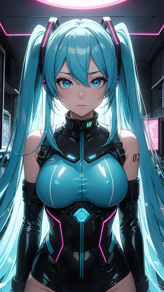 ((Highest quality))、(masterpiece)、Hatsune Miku VOCALOID、(Twin tails)、Light blue hair、Water-colored pupils、cyber punk、Ultimate Physical Beauty、Big Ass、(Big Breasts)、Bodysuits、(Sexy pose)、 has electronic visor fitted to her face、red latex body、Bedroom、(Light blue hair:1.4),Breast enlargement、Neon lights in the dark city at night,Unreal Engine:1.4,Ultra-high resolution,La highest quality:1.4, Realistic:1.4, Skin Texture:1.4, masterpiece:1.8,masterpiece, highest quality,(Beautifully detailed eye depiction)