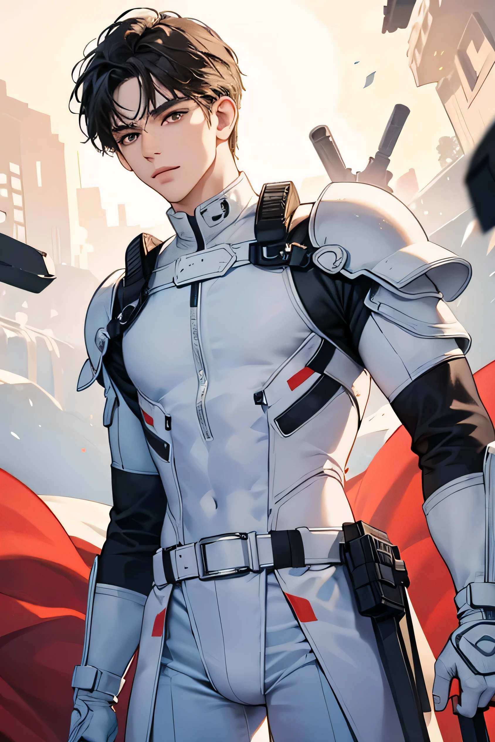 Beautiful guy　Very short, cropped black hair　White tight rubber suit　Rubber gloves　Bulge　future　universe　White armor　Armor