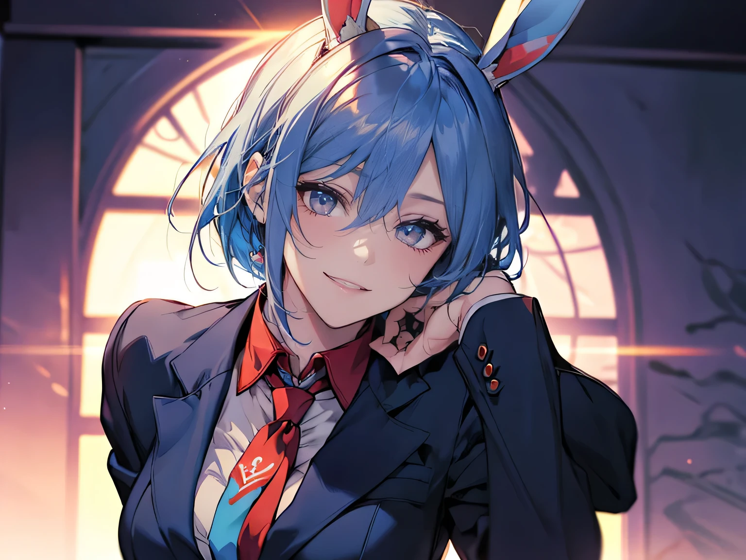 1female, teacher, wearing a light blue suit, red tie, bootyshorts, light blue bunny ears, Thicc, light blue hair, short hair, glowing purple eyes, face to detail, detailed eyes, the background is a dark place, smiling, and laughing. Close up.