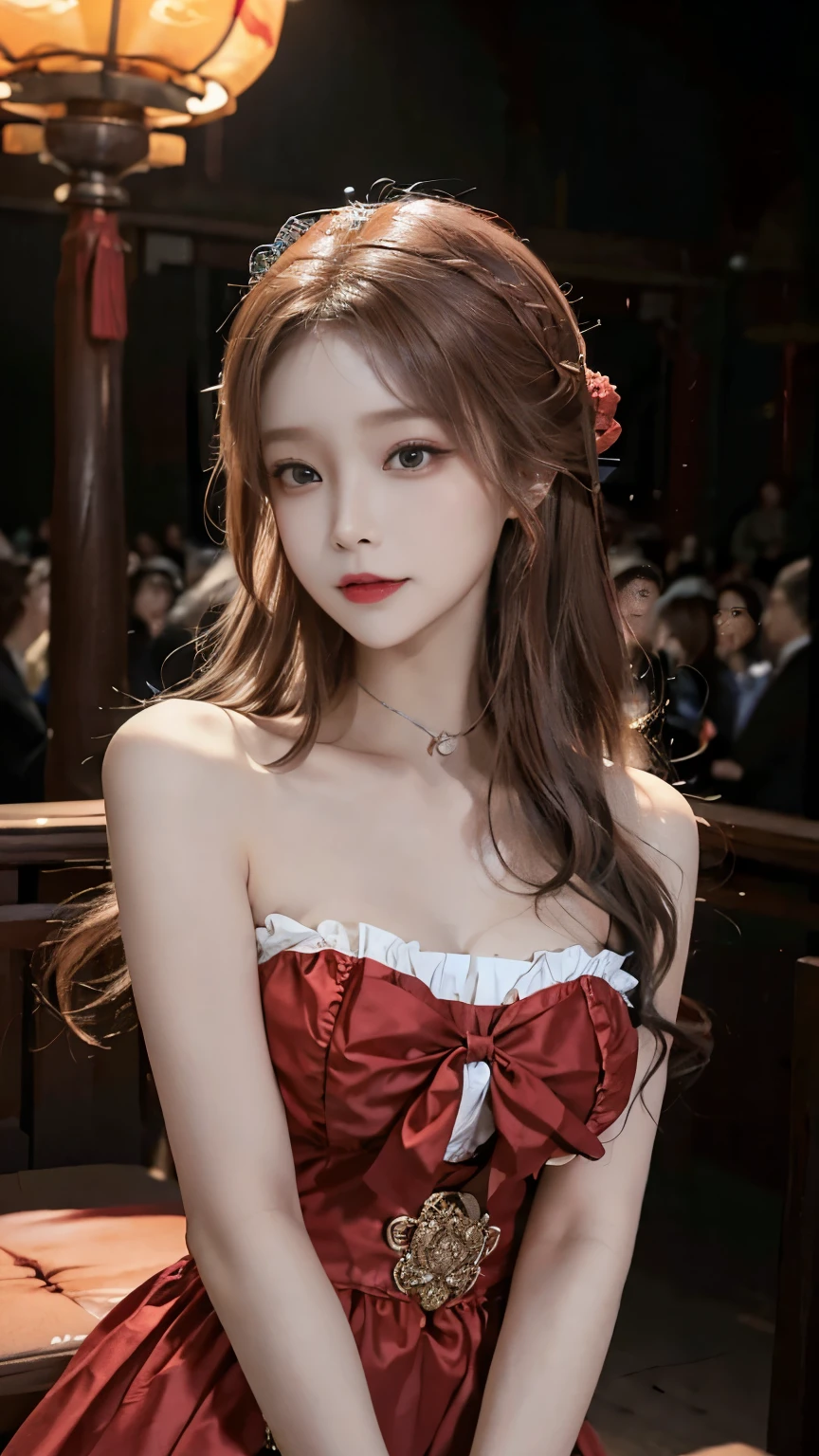 masterpiece, Photo-realistic, Happy expression, Chinese beauty with long reddish brown hair,Wearing a strapless lolita outfit, High quality photography filters with shallow depth of field, fair skin, Looking at the audience