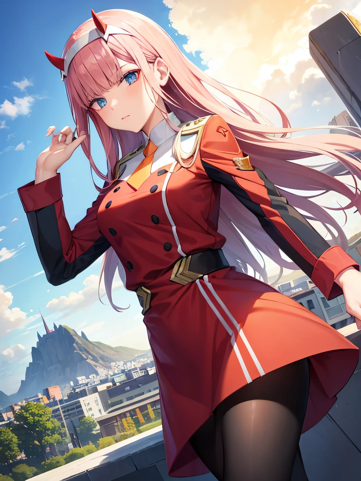 aazero2, long hair, horns, hairband, military uniform, orange necktie, red dress, long sleeves, black pantyhose, City, blue sky, tower, mountain view 