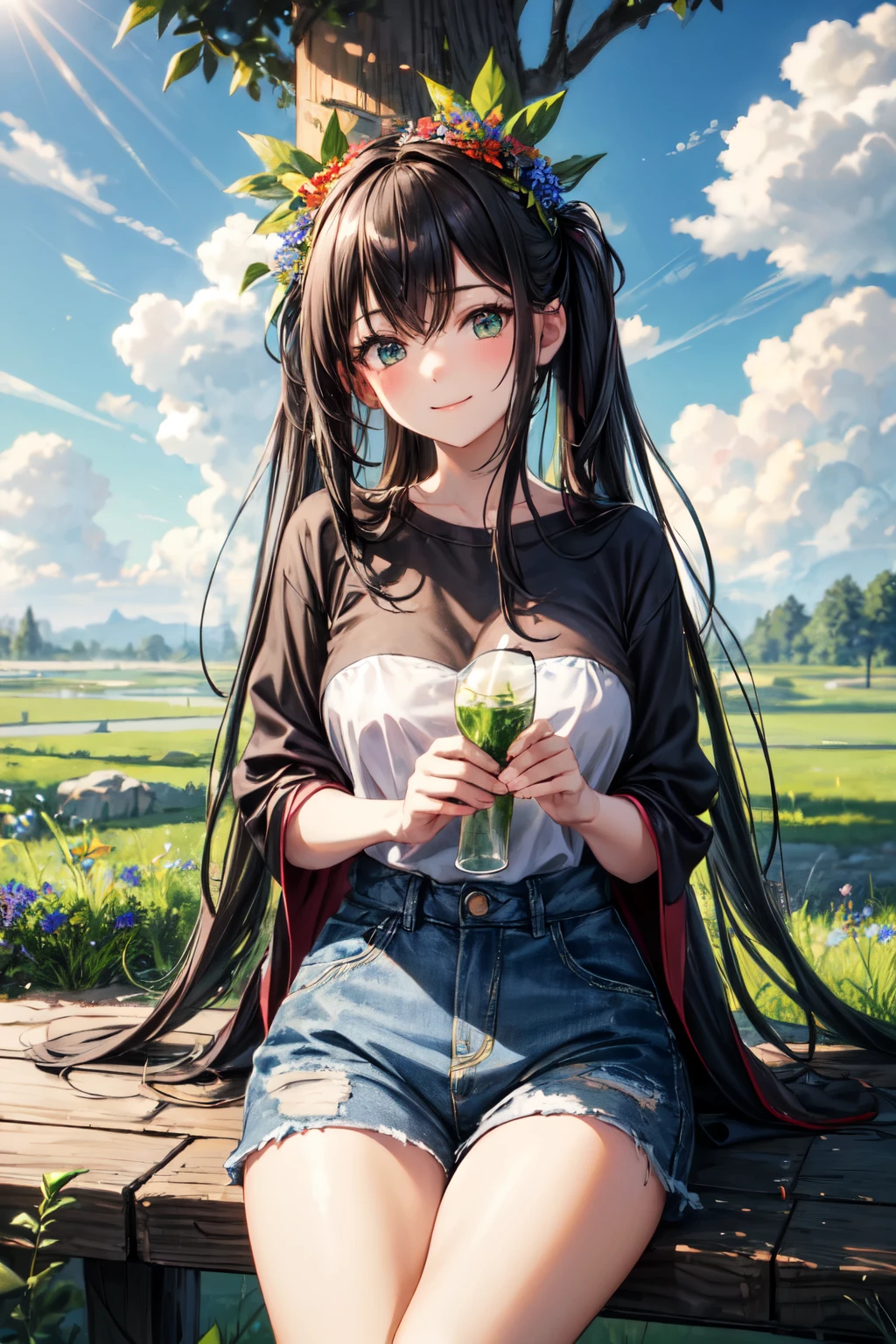 ((best quality)), ((masterpiece)), (detailed), Create a picturesque scene featuring a cute girl leaning against a tree in the middle of a lush, green natural setting. The girl has a joyful expression and is wearing a casual, summery outfit, perhaps a light dress or shorts and a t-shirt. The tree she is leaning against has a sturdy trunk with branches full of vibrant green leaves. The background should showcase a sprawling meadow with various wildflowers scattered throughout, under a bright blue sky with a few fluffy white clouds. The overall atmosphere should be one of peace, happiness, and natural beauty, capturing the essence of a perfect day in nature.