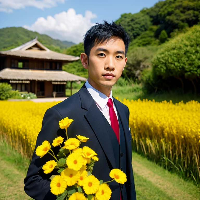 Young Asian man, 35 years old, Mohawk hair, Wear a modern suit , Dark black leather, red tie , Look straight at the camera intently, Outdoors in the countryside there is an old thatched hut., There are red, yellow, green flowers all around., 16k photos, Shot with the highest quality, most modern Fuji camera 45,000,000 pixels, The colors are too beautiful to be true.,
