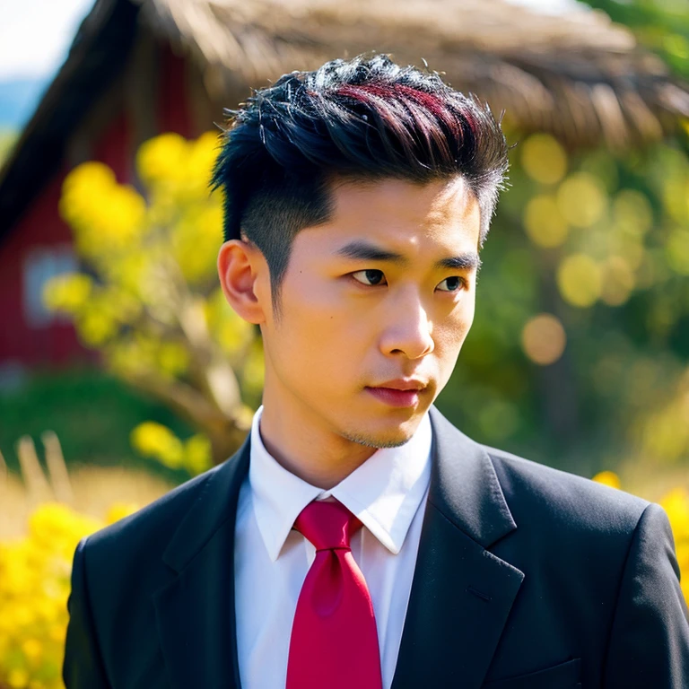 Young Asian man, 35 years old, Mohawk hair, Wear a modern suit , Dark black leather, red tie , Look straight at the camera intently, Outdoors in the countryside there is an old thatched hut., There are red, yellow, green flowers all around., 16k photos, Shot with the highest quality, most modern Fuji camera 45,000,000 pixels, The colors are too beautiful to be true., 