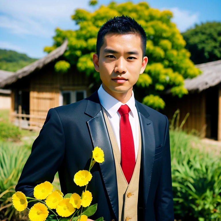 Young Asian man, 35 years old, Mohawk hair, Wear a modern suit , Dark black leather, red tie , Look straight at the camera intently, Outdoors in the countryside there is an old thatched hut., There are red, yellow, green flowers all around., 16k photos, Shot with the highest quality, most modern Fuji camera 45,000,000 pixels, The colors are too beautiful to be true.,
