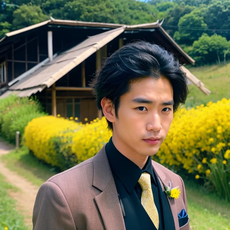 Young Asian man, 35 years old, Mohawk hair, Wear a modern suit , Dark black leather, red tie , Look straight at the camera intently, Outdoors in the countryside there is an old thatched hut., There are red, yellow, green flowers all around., 16k photos, Shot with the highest quality, most modern Fuji camera 45,000,000 pixels, The colors are too beautiful to be true.,