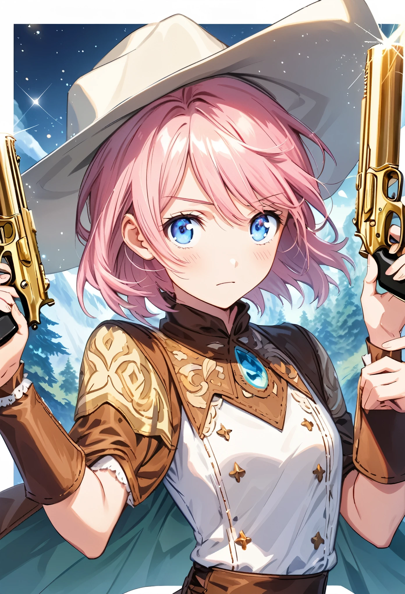 A beautiful and cute anime girl wearing cowboy clothes and holding a pistol in each hand and her partner girl. They have long pink hair, very detailed large blue eyes, and stare at us with a cold, condescending gaze. They have golden pistols and cowboy hats, super dynamic angles, silver sparks around them, delicate details in their characters and postures, and an exquisite illustration style like an anime artist. Cool and elegant super detailed wilderness background style