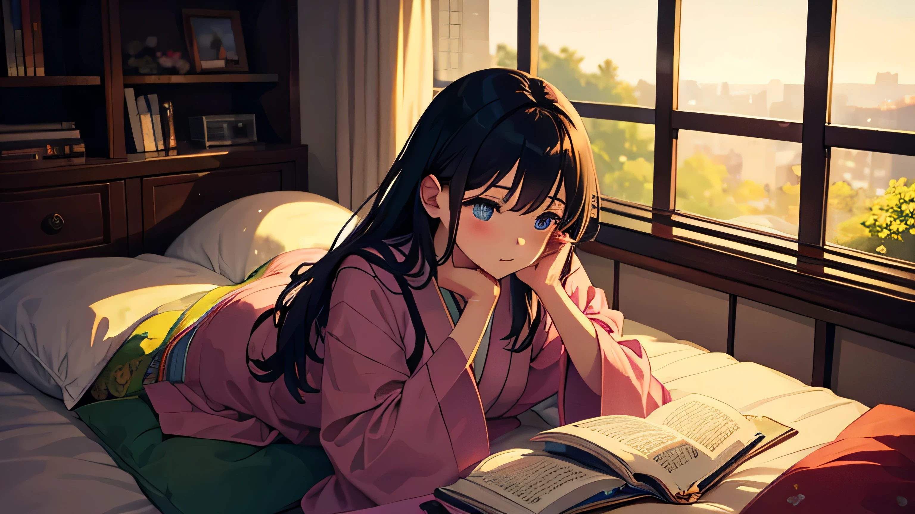 Beautiful girl reading a book while listening to music in her room。The scenery outside is nostalgic and old-fashioned.。Japanese anime style