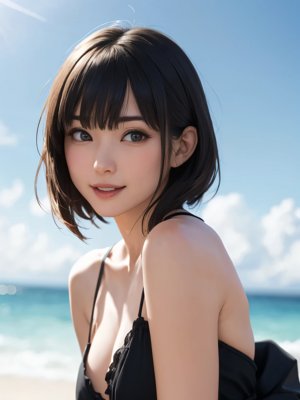 1 girl、highest quality、Realistic、alone、Written boundary depth、Natural soft light、Daytime、charm、Beautiful Face、Cleanliness、Pure Face、White skin、cute、short hair、prohibit、Beach、Light of the sun、Nedium Breast Body Esbian、((セーターを着たBeautiful Faceの黄金比 対称性のあるBeautiful Face))、Long neck、Listen carefully、prohibitのあるきれいな短いボブヘア、Laugh with your mouth closed、Perfect hands指、Perfect hands、Perfect body、Perfect Face、Shine a light into your eyes、Perfect Anatomy:1.4、とてもcuteスーパーモデル:1.4