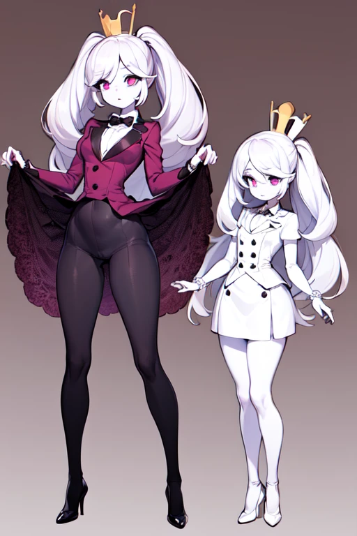 ((best quality)), ((highly detailed)), masterpiece, absurdres, (detailed eyes, deep eyes), (1girl), full body, very wide shot, Fullbody pose complete tall Girl simple style she is perfil, antique 50's elegant purple clothes (hazbin hotel style) (helluva boss style) white skin