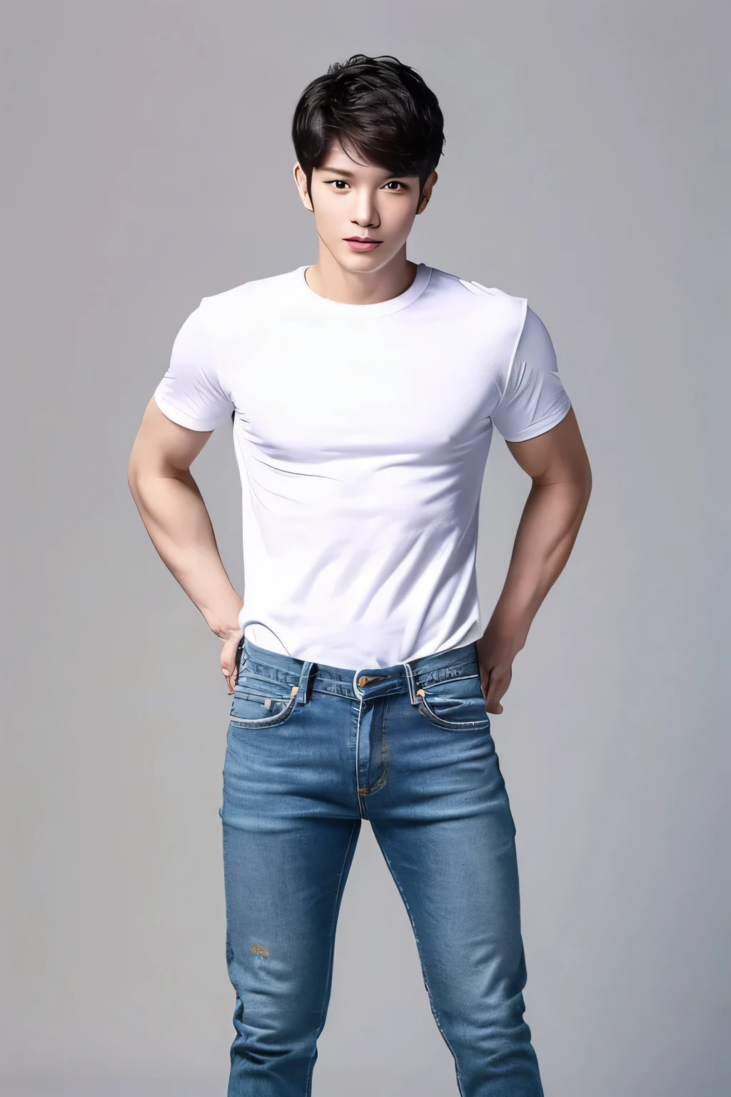 A tall and slim figure inspired by Thai actor Bright.20Male in his 20s。Dressed in jeans and a white shirt。Posing with the whole body。