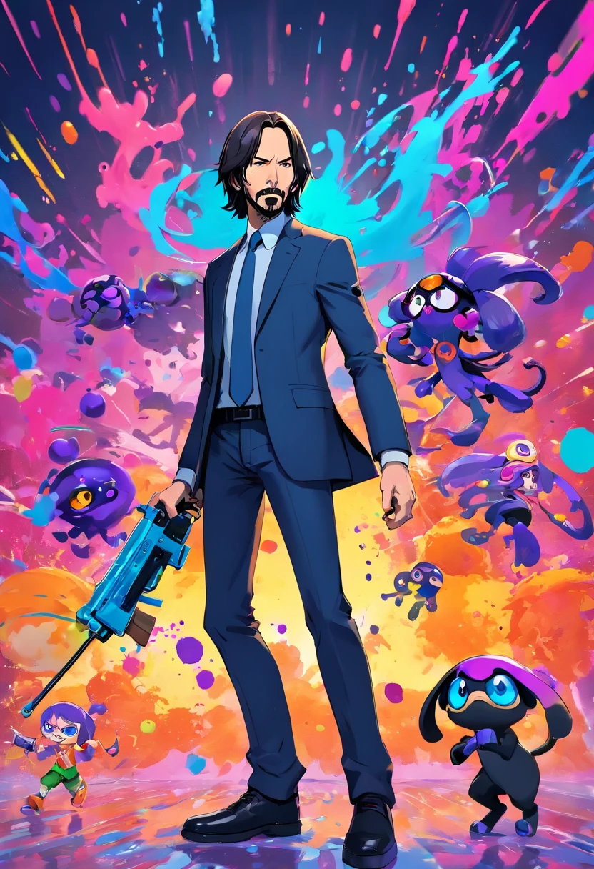 John Wick playing pretend Splatoon with inklings, playing with paint on each other using Splattershot,Splat Roller,Splat Charger,Custome Blaster,dynamic action,by Studio Ghibli,starring Keanu Reeves,