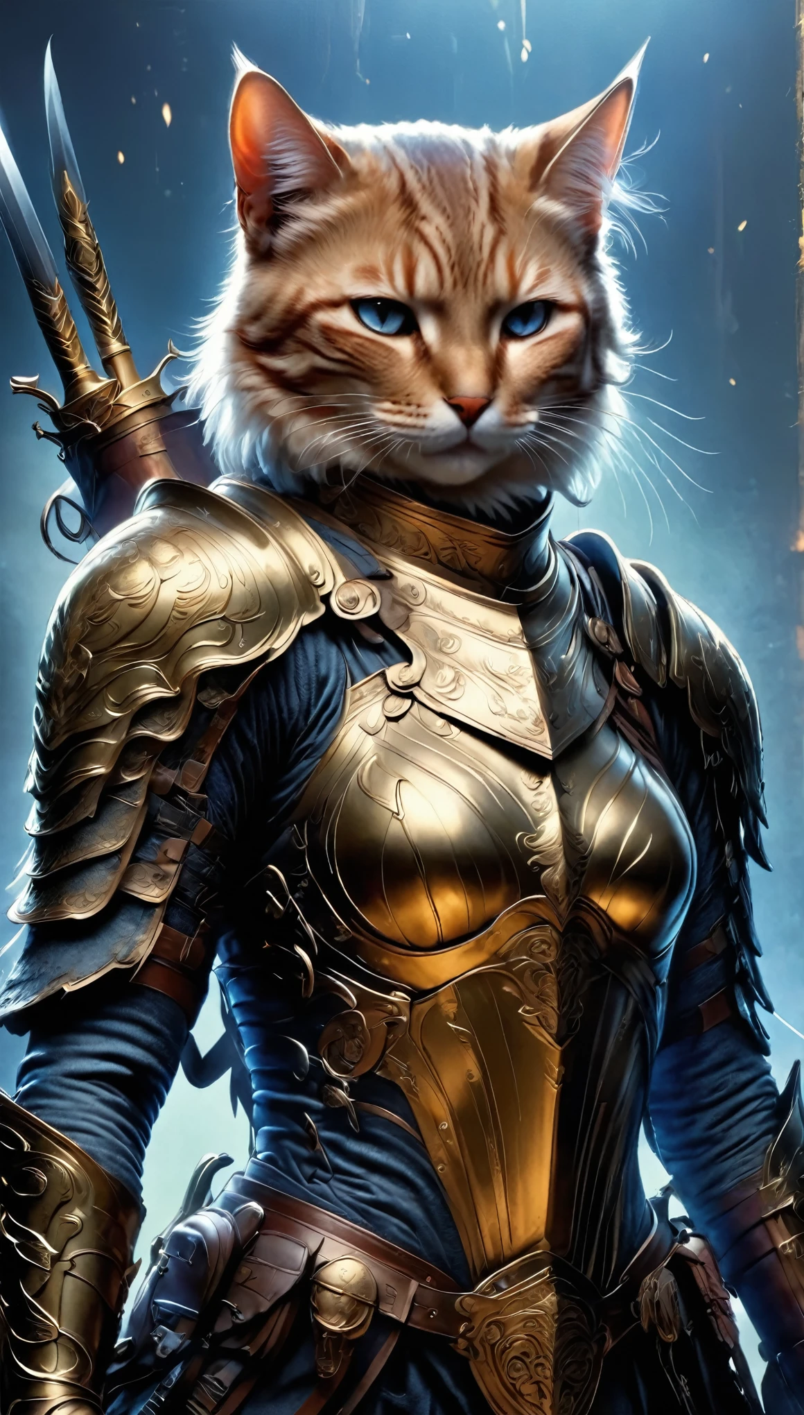 Anthropomorphic cat，Cat knight in armor，Have a weapon，Look at this、Brave look、ride a horse