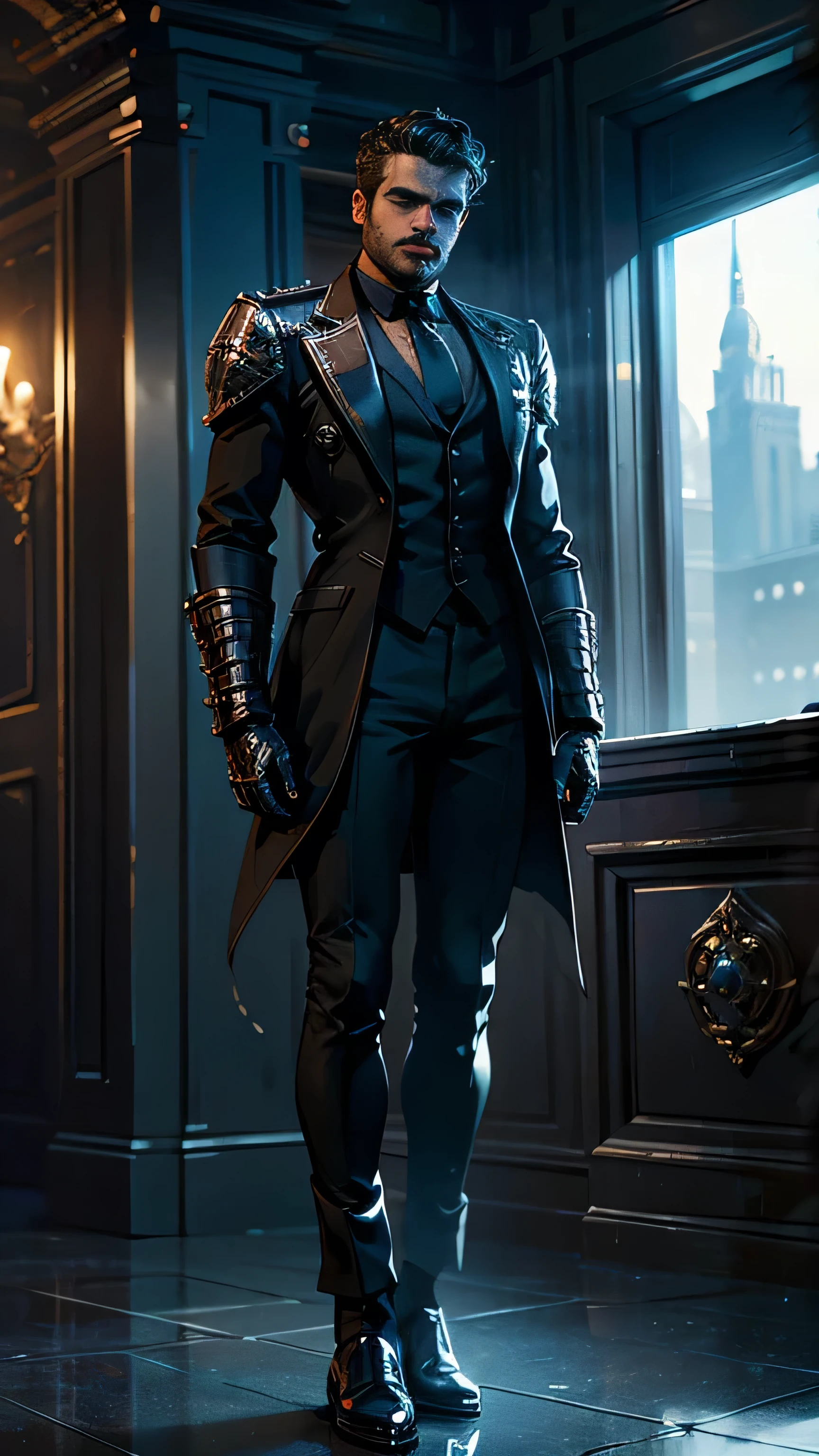 (сyberpunk style), neon, (Richard Madden) as Robb Stark, gray сyberpunk tuxedo, сyberpunk shoes, standing, in the сyberpunk office, (1man), (solo), (full body view), beautiful detailed glow, detailed, cinematic light, intricate detail, realistic, highres, detailed facial features, high detail, sharp focus, smooth, aesthetic, extremely detailed, stamp, octane render