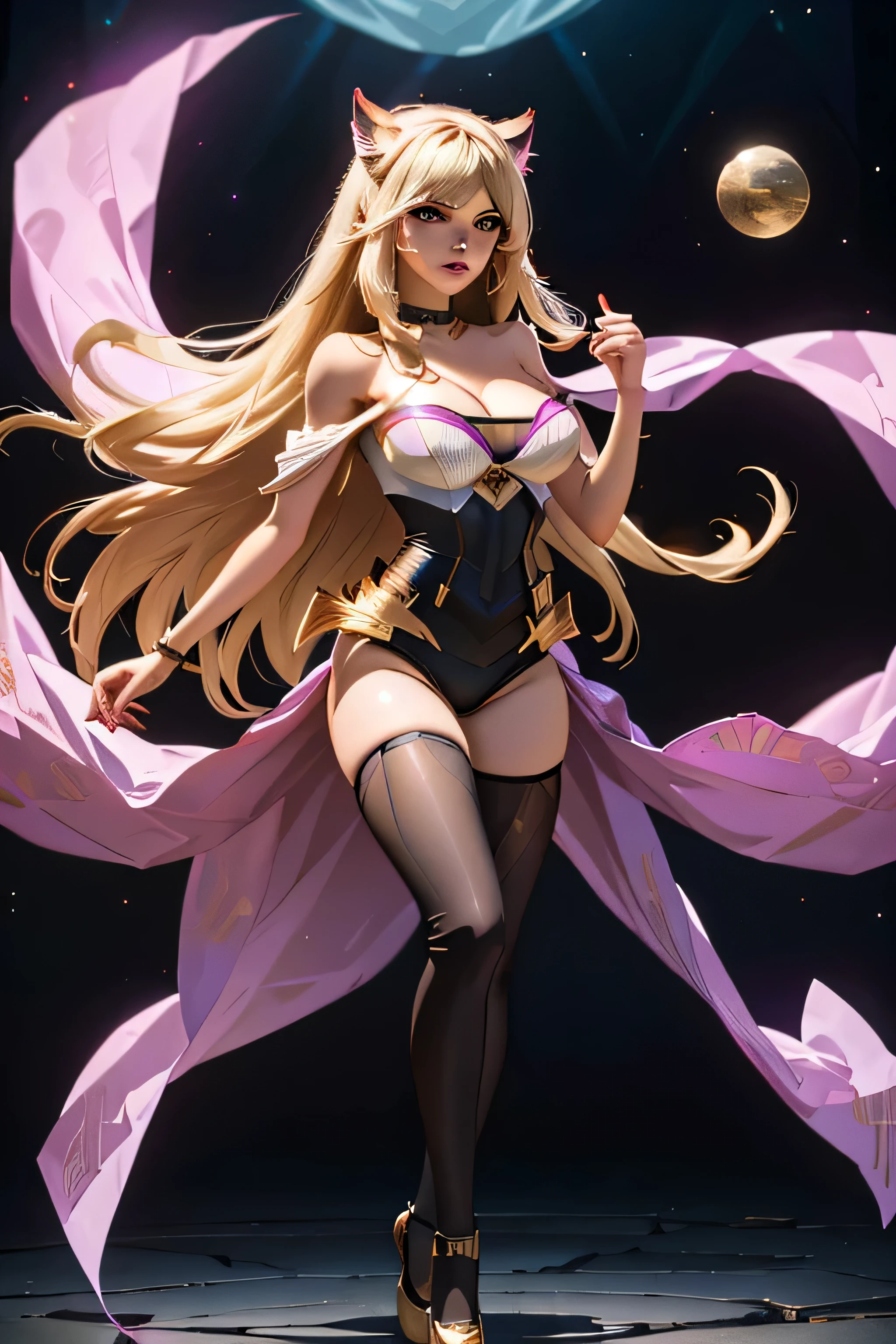 (masterpiece, best quality:1.2), intricate details, 1girl, cleavage, strapless, angry, K/DA Ahri, long hair, gold hair, long legs, strapless black thigh highs with lacy on outside and inside, full body, foxy ears, big breasts, sexy, black triangle shape lacy covering a bit of cleavage 