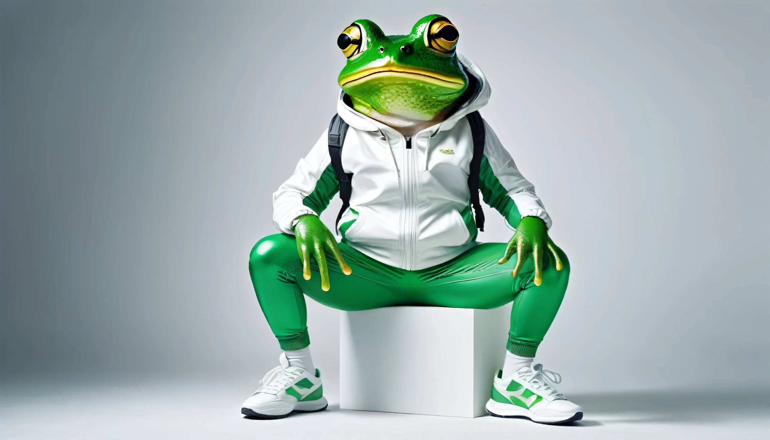 Stylish ((humanoid)) frog dressed in stylish futuristic (( green :: white)) sportswear clothes, big sneakers and wearing glasses
