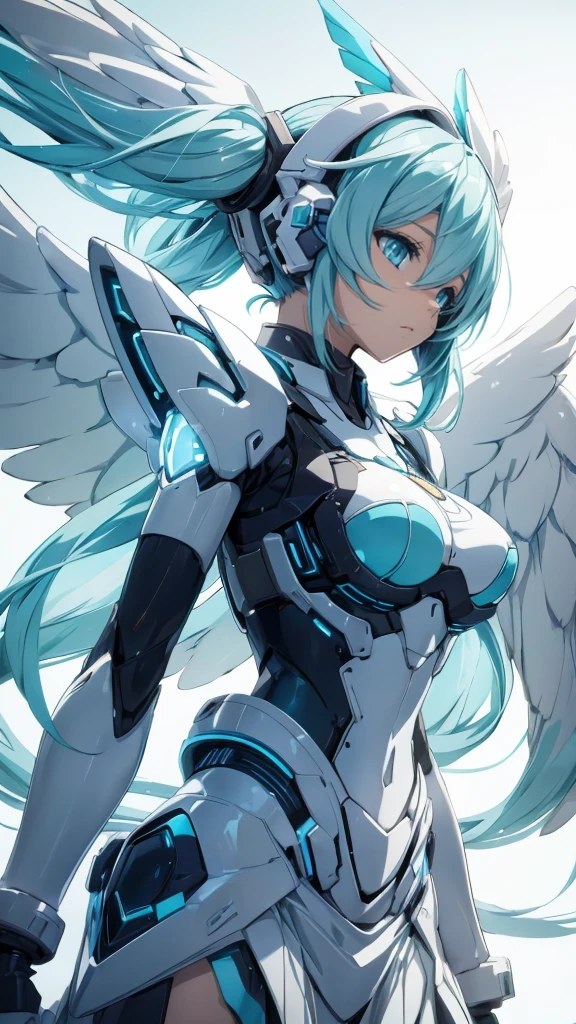 hatunemiku VOCALOID, twin tails, light blue eyes, light blue hair, huge breasts, Angel wing, mecha girl,
