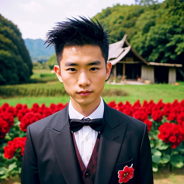 Young Asian man, 35 years old, Mohawk hair, Wear a modern suit , Dark black leather, red tie , Look straight at the camera intently, Outdoors in the countryside there is an old thatched hut., There are red flowers around., 16k photos, Shot with the highest quality, most modern Fuji camera 45,000,000 pixels, The colors are too beautiful to be true.,