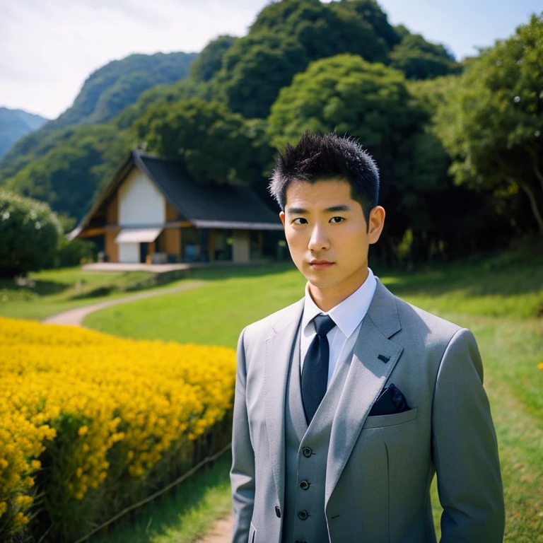 Young Asian man, 35 years old, Mohawk hair, Wear a modern suit , Dark black leather, red tie , Look straight at the camera intently, Outdoors in the countryside there is an old thatched hut., There are red flowers around., 16k photos, Shot with the highest quality, most modern Fuji camera 45,000,000 pixels, The colors are too beautiful to be true.,