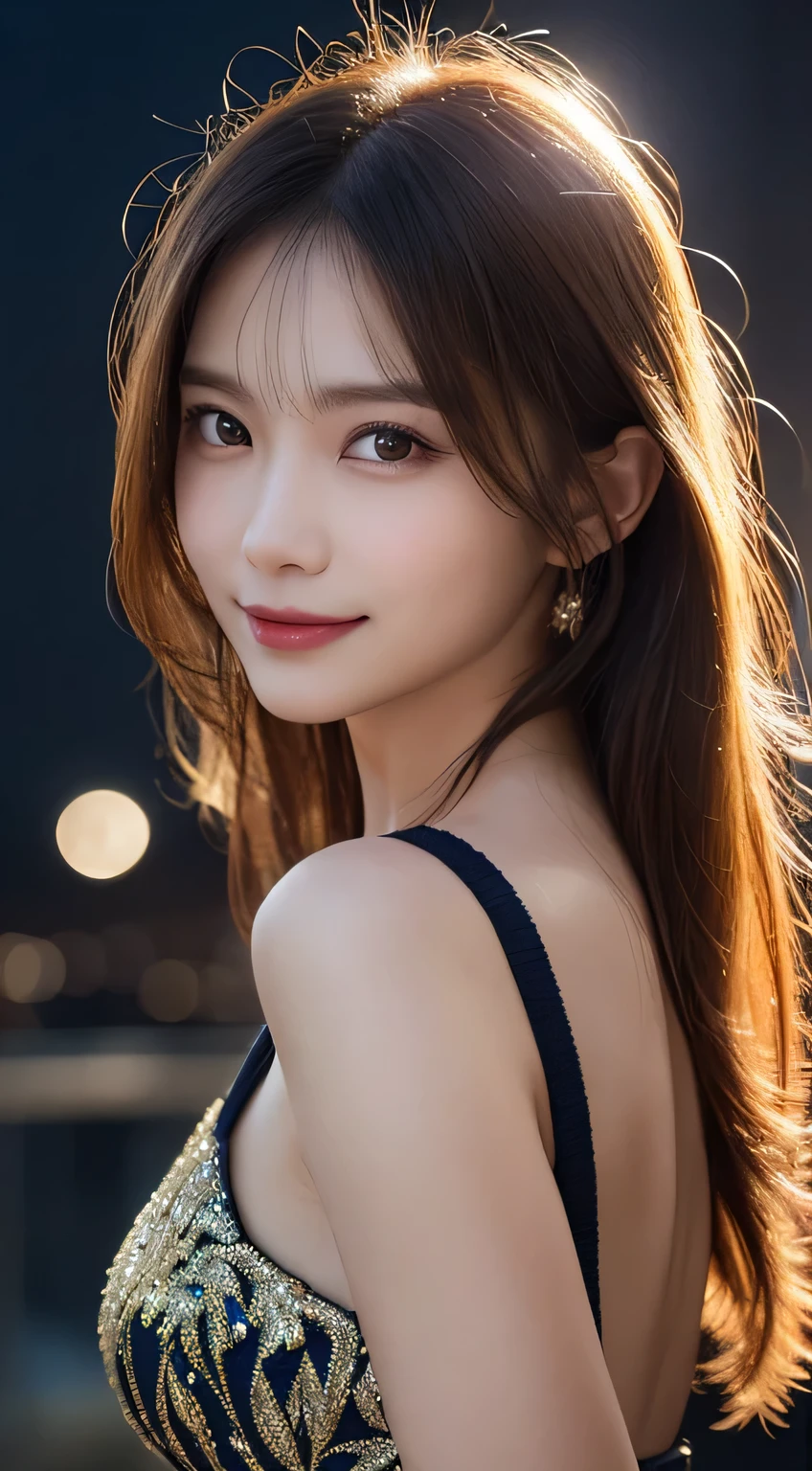 Body portrait, 8K, thin and beautiful eyes, Dindal effect, masterpiece, top quality, high quality, high resolution, very detailed photo, (natural skin texture, fine skin, hyper realism, super sharpness), high detail skin, (very fine, fine skin texture, intricate details, beautiful face, (realistic face), realistic eyes, beautifully detailed eyes, realistic skin, beautiful skin, surreal, very detailed Golden ratio, smiling eyes, ((night moonlight background) )), body portrait, G cup, big breasts, huge breasts, big breasts, glamorous, sexy knit dress,