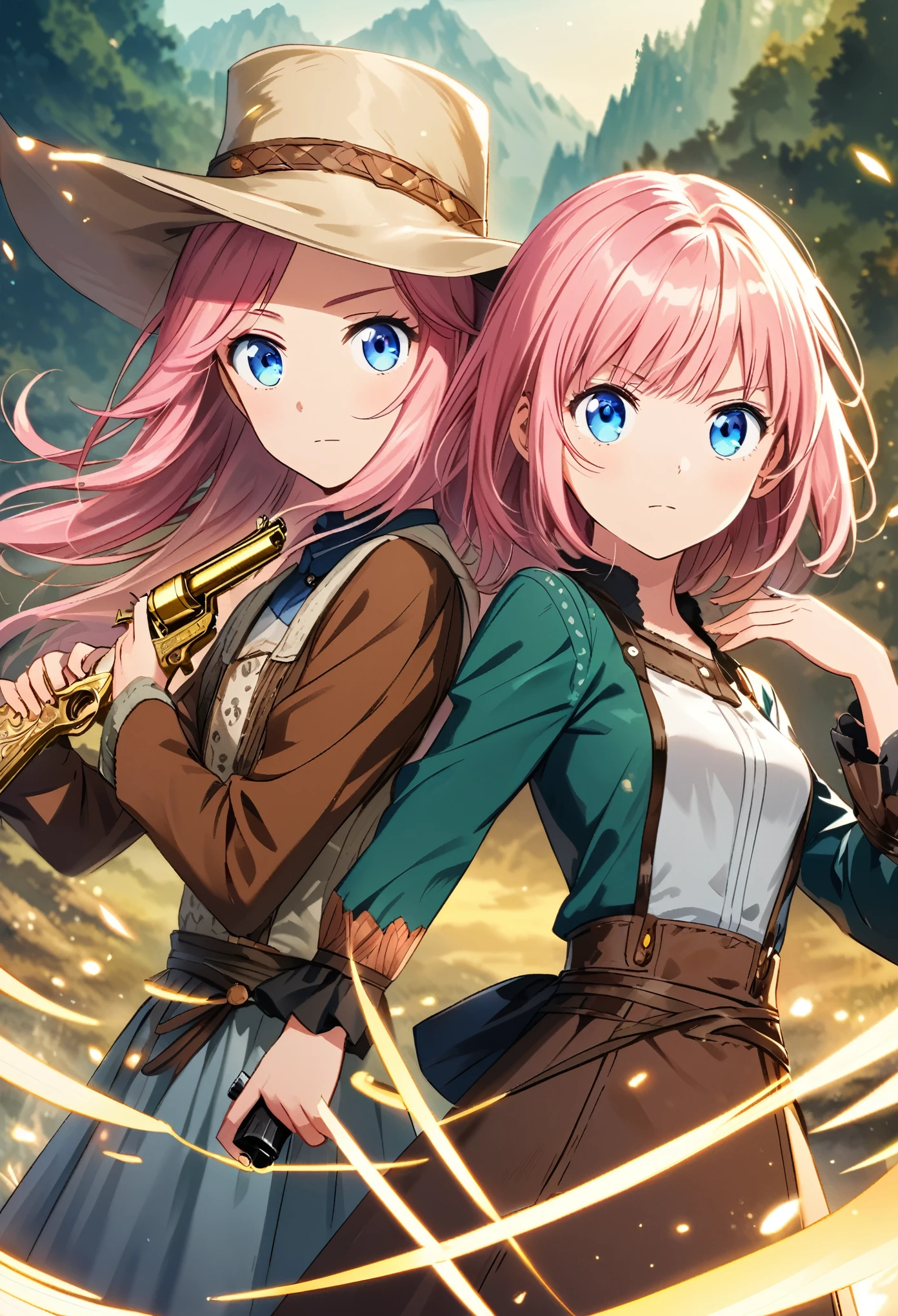 A beautiful and cute anime girl wearing cowboy clothes and holding a pistol in each hand and her partner girl. They have long pink hair, very detailed large blue eyes, and stare at us with a cold, condescending gaze. They have golden pistols and cowboy hats, super dynamic angles, silver sparks around them, delicate details in their characters and postures, and an exquisite illustration style like an anime artist. Cool and elegant super detailed wilderness background style