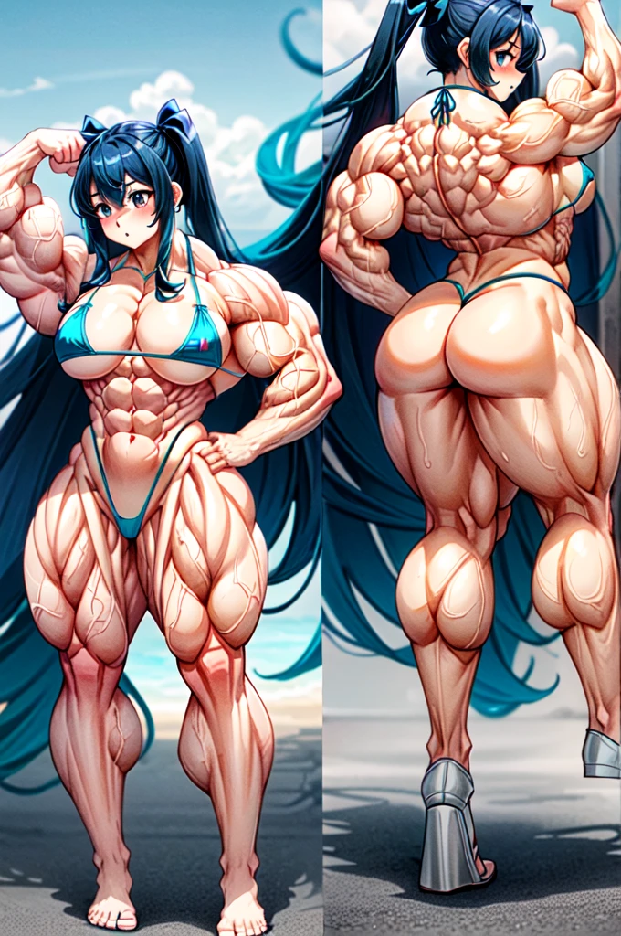, cute Wendy Marvell, sweet face, blushing cheeks, blue hair in pigtails, small string bikini with little coverage, thong bikini, very large glutes, large muscles, muscular physique, ribbons, very wide hips, bodybuilder muscles, showing off glutes, back turned, wide back, largest and fullest glutes possible, abnormally large glutes