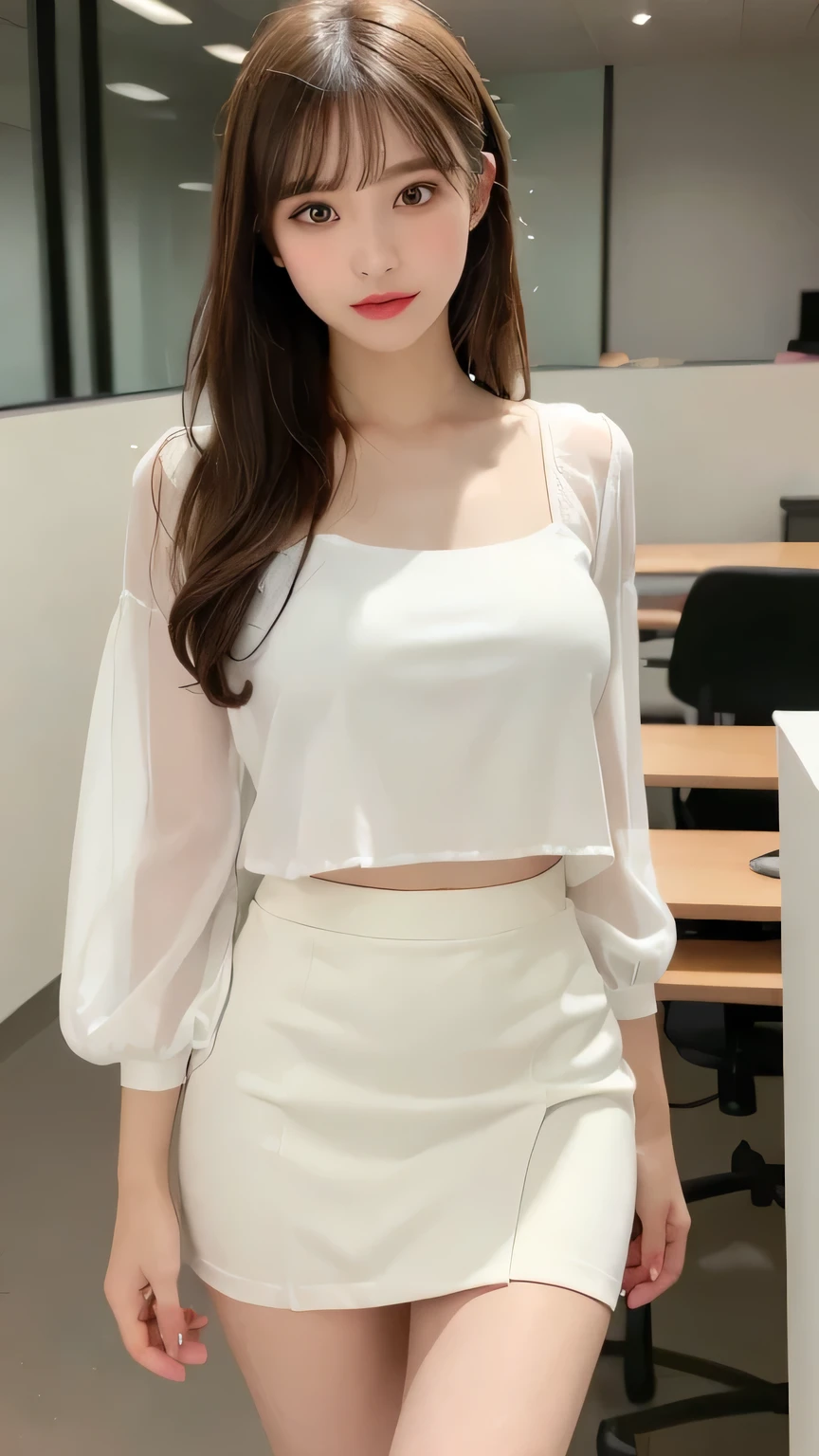 (((Browsing Caution)))、(masterpiece:1.5)、(Realistic:1.5)、(highest quality:1.4、8k、RAW Photos)、 Ultra-high resolution、Professional Lighting、Perfect dynamic composition、Photo taken in an office room、Film Grain、chromatic aberration、(Bokeh:1.1)、 Frank、Sophisticated、charm、Ultra-realistic、High detail、Golden Ratio、Big smile, (1 girl)、Slender girl、Delicate and charming girl、Cute Woman:1.mall breasts、Serious expression、Looking at the audience、Sculptural installation、Light brown hair、Shiny Hair、Hairstyle: Ponytail、 Realistic looking skin、 Shut your mouth.、Fine Eyes、double eyelid、Thin arms、、 (White blouse and tight skirt:1.3)、Thighs