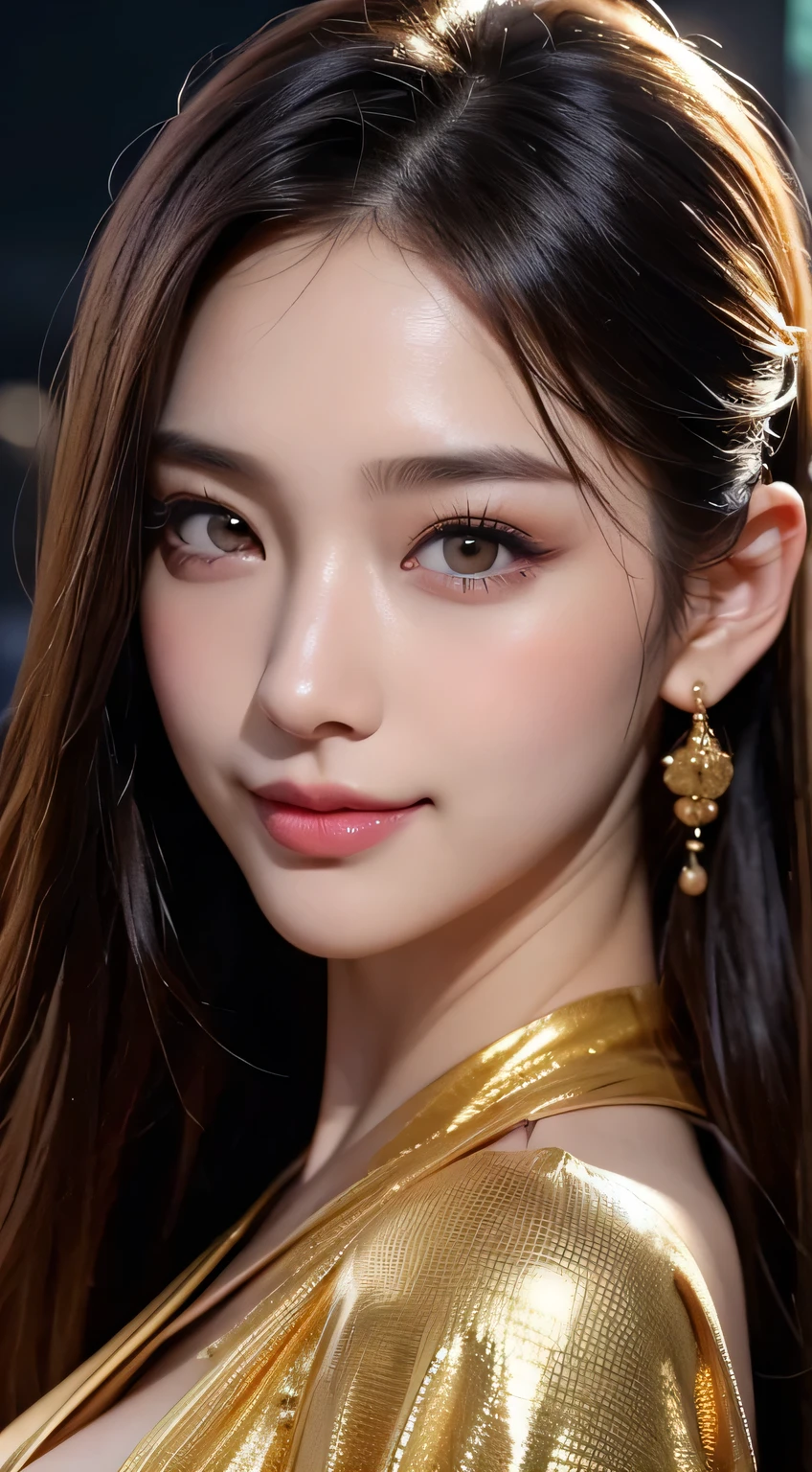 Kimono beauty, body portrait, 8k, thin and beautiful eyes, Dindal effect, masterpiece, top quality, high quality, high resolution, very detailed photo, (natural skin texture, fine skin, hyper realism, super sharpness) , high detail skin, (very fine, fine skin texture, intricate details, beautiful face, (real-like face), realistic eyes, beautifully detailed eyes, realistic skin, beautiful skin, surreal, Highly detailed, golden ratio, smiling eyes, ((night moonlight background)), body portrait, G cup, big breasts, huge breasts, big breasts, glamorous, shiny bodysuit