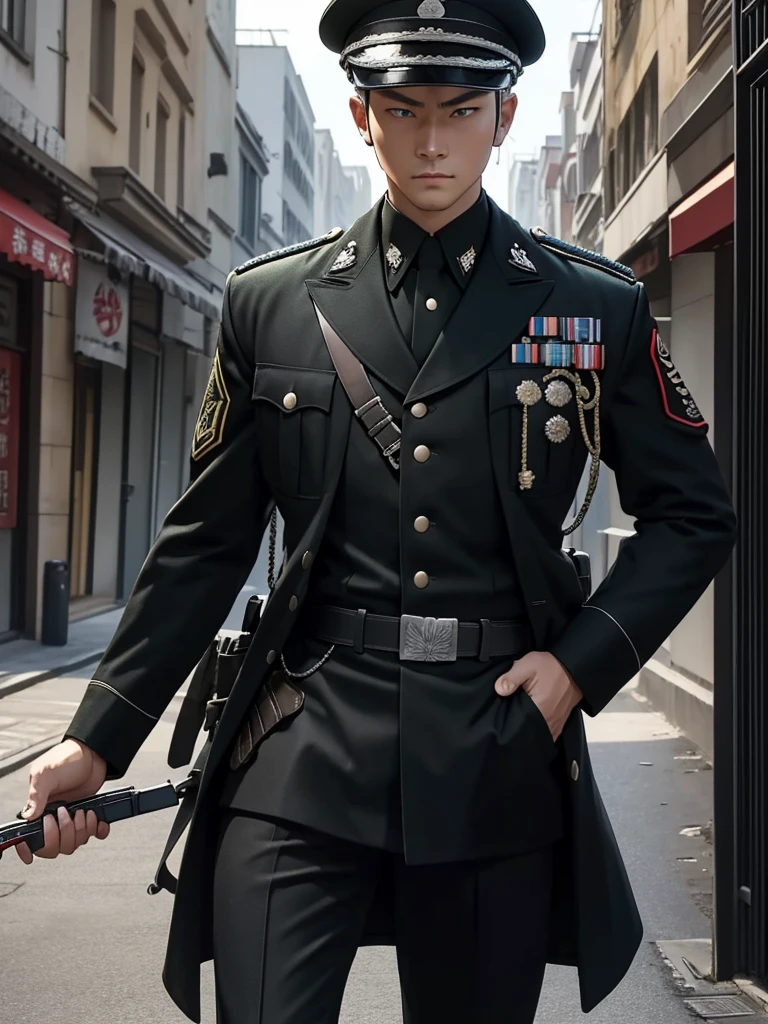 Top quality、Ultra Detailed、Like the same lights、30-year-old beautiful soldier、Stunning slim beauties、tall and big、huge 、Cowboy shooting、blonde short hair、curls、Green Eyes、Cold Eyes、Blood、black衣服、black、military uniform、black的夾克、Black pants、black骑士手套、Holding a pistol、Future urban areas、Behind there are armored vehicles、Serious look、 Strong、dynamic poses