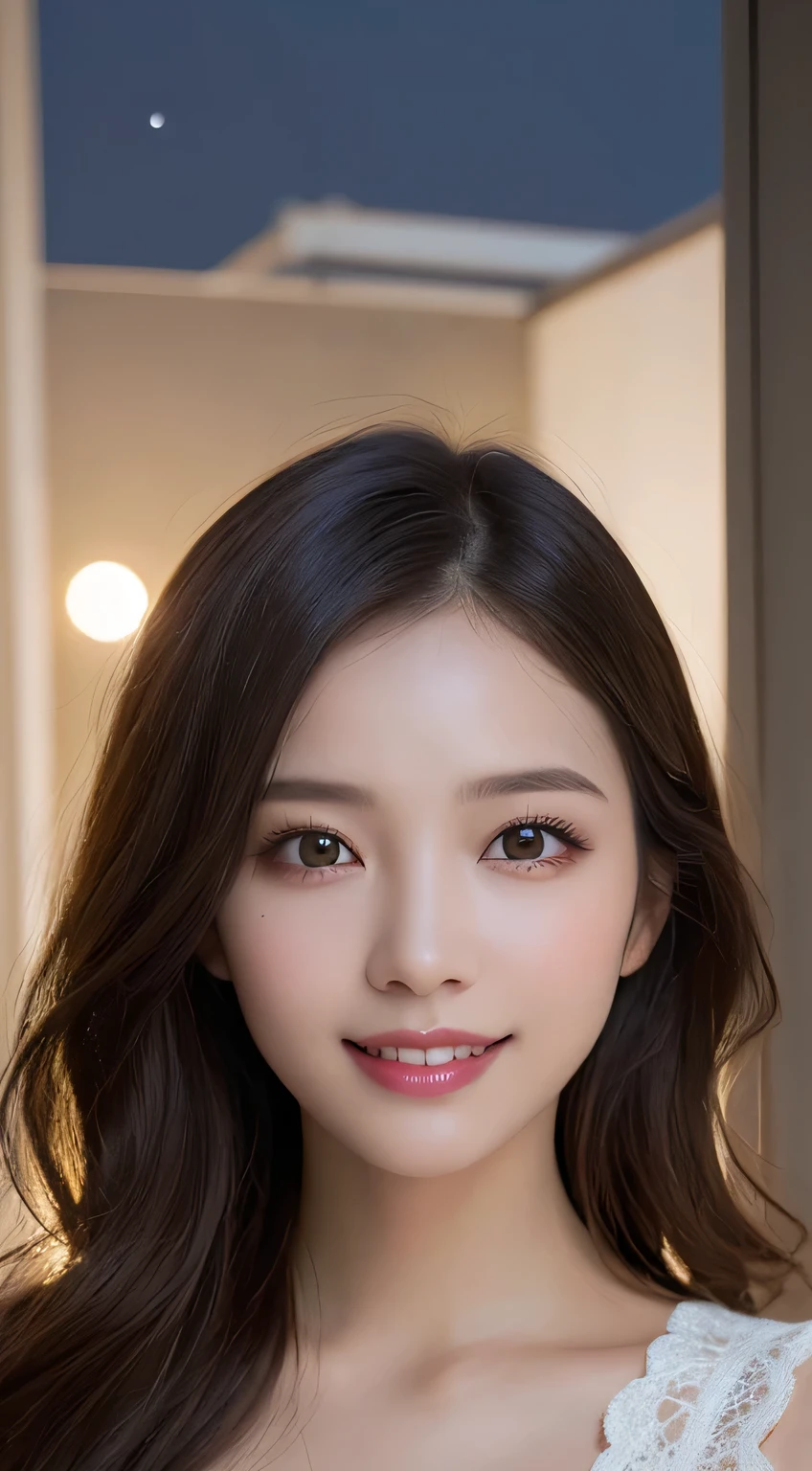 Body portrait, 8K, thin and beautiful eyes, Dindal effect, masterpiece, top quality, high quality, high resolution, very detailed photo, (natural skin texture, fine skin, hyper realism, super sharpness), high detail skin, (very fine, fine skin texture, intricate details, beautiful face, (realistic face), realistic eyes, beautifully detailed eyes, realistic skin, beautiful skin, surreal, very detailed Golden ratio, smiling eyes, ((night moonlight background) )), body portrait, G cup, big breasts, huge breasts, big breasts, glamorous, sexy knit dress,