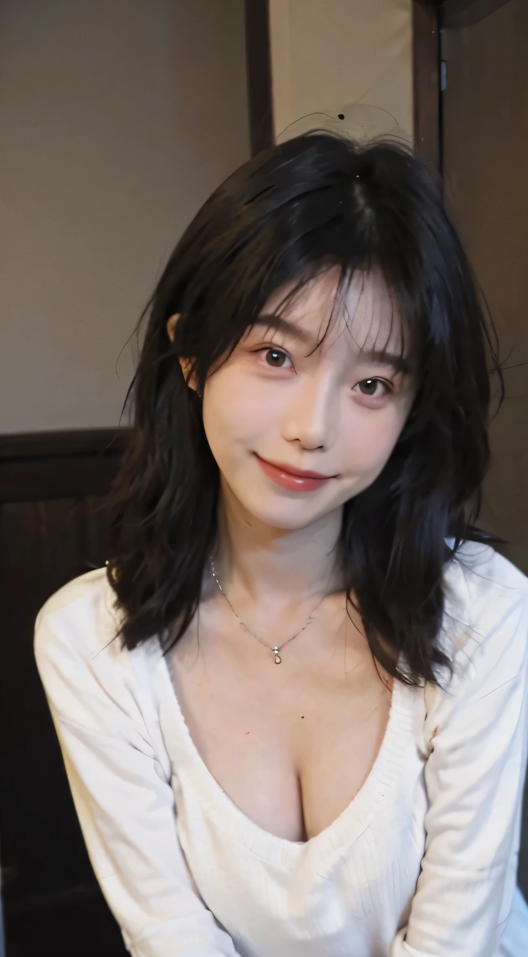Best quality, Ultra-high resolution, (realistically:1.4),Cute hairpin,Baoyu Girl,1 Girl,pink long sweater,pink long sweater ,Beautiful slim woman:1.4, Abdominal muscles:1.1, (Brown hair, Medium breasts:1.3), pink long sweater, bathroom,Super thin face,Exquisite eyes,Double eyelids,Smile,Necklace,Showing collarbone,Big breasts,Showing cleavage,Mole on the chest,There are two moles on the face,charming,Sexy