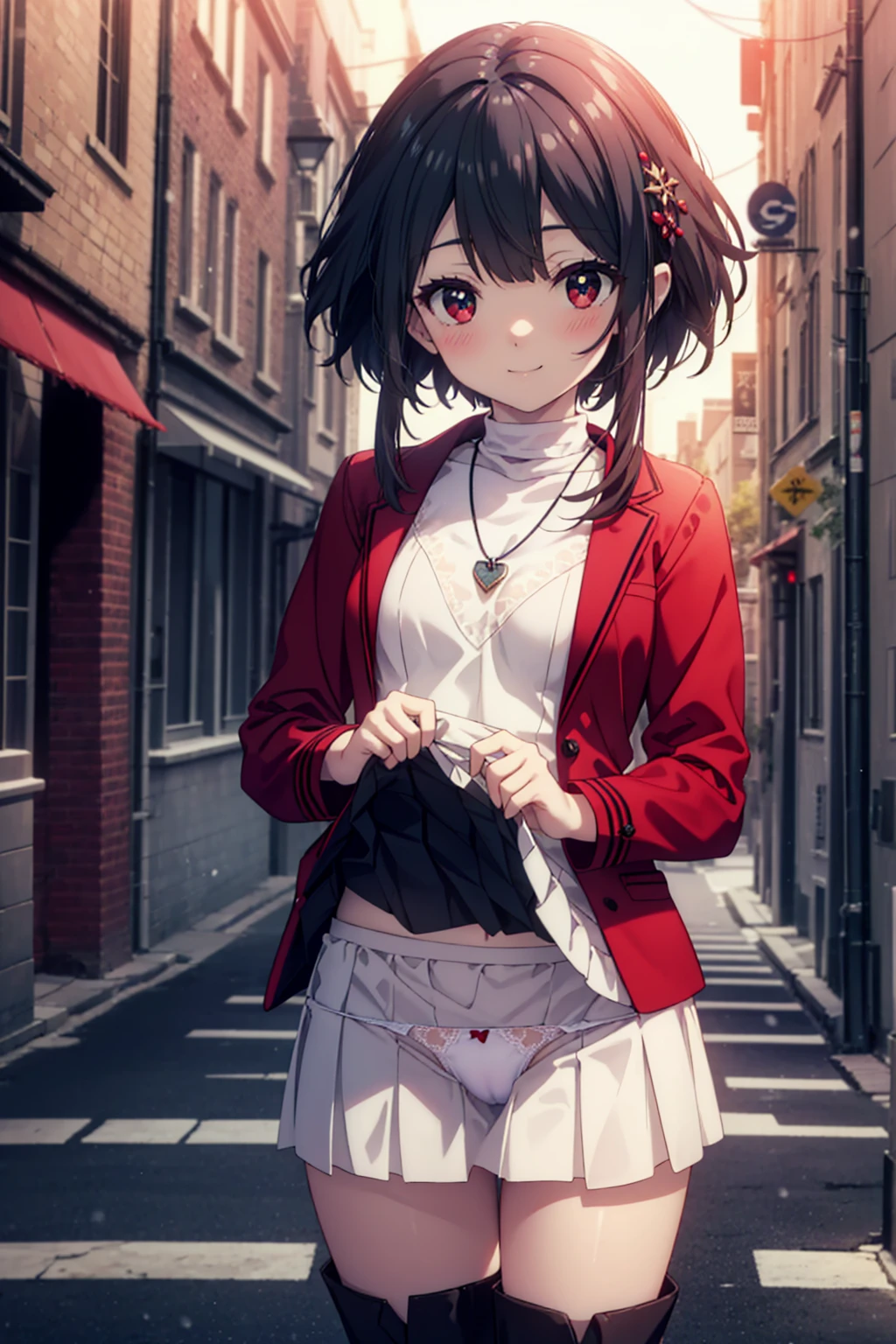 konosubaHuihui, Huihui, short hair, Black Hair, (Red Eyes:1.3), short hair with long locks,Smile,blush,Long red coat　There is an open front,Heart necklace,White sweater,Black silencer,long skirt,Ankle boots,winter,Cold sky,it&#39;Snowing,Snowflakes falling,
Rest outdoors, In the city,Building Street,
Resting looking at viewer, (Cowboy shooting:1.5), (Skirt lift:1.3), (thongs:1.1),White panties rest (masterpiece:1.2), best quality, high resolution, Unity 8k Wallpaper, (number:0.8), (Delicate and beautiful eyes:1.6), The face is rich in detail, Perfect lighting, Very detailed CG, (Perfect hands, Perfect anatomical structure),