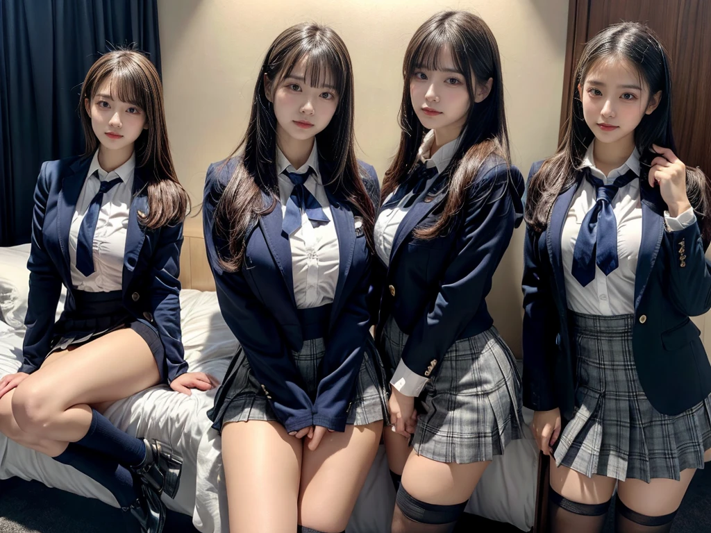 muster piece, best quality, illustration, Super detailed, fine details, High resolution, 8K,wall paper, perfect dynamic composition,(Details High quality, realistic depiction of eyes:1.3), (3 girls), japanese,3 schoolgirls,The background is a luxury hotel room、High school girl uniform、blazer 、Super Short Check Uniform Skirt、Navy blue high socks、Colossal tits、Disturbed uniform,  short bob hair, black hair color, huge breasts, very huge round breasts, Beautiful makeup, glitter makeup, Big Natural Color Lip, perfect body shape, crying a little、cold gaze, 20 year old girl、 beautiful legs, hposing Gravure Idol, Voluptuous thighs