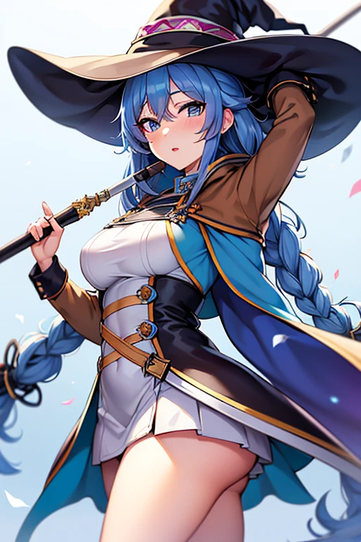 (best quality), (masterpiece), ((beautiful:0.75) cute girl:0.75), [clear and clean] pixiv (illustration), (roxy migurdia:1.25), blue eyes, blue hair, bangs, brown cape, witch hat, braid,  