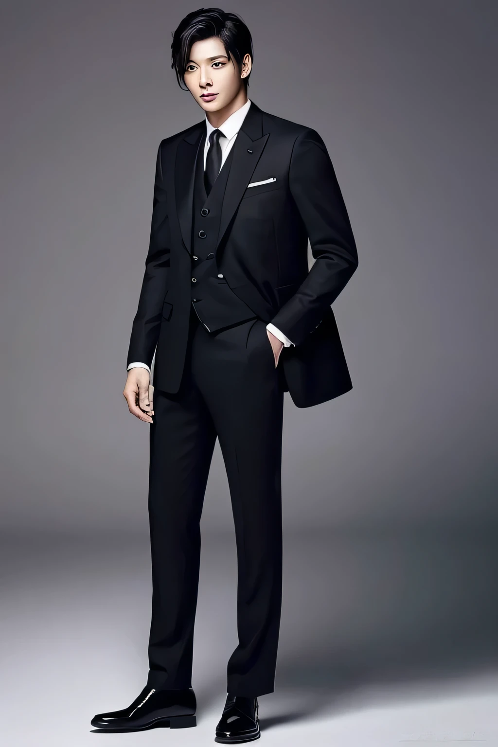 A tall and slim figure inspired by Thai actor Bright.40Male in his 20s。Dressed in a dark suit。Posing with the whole body。