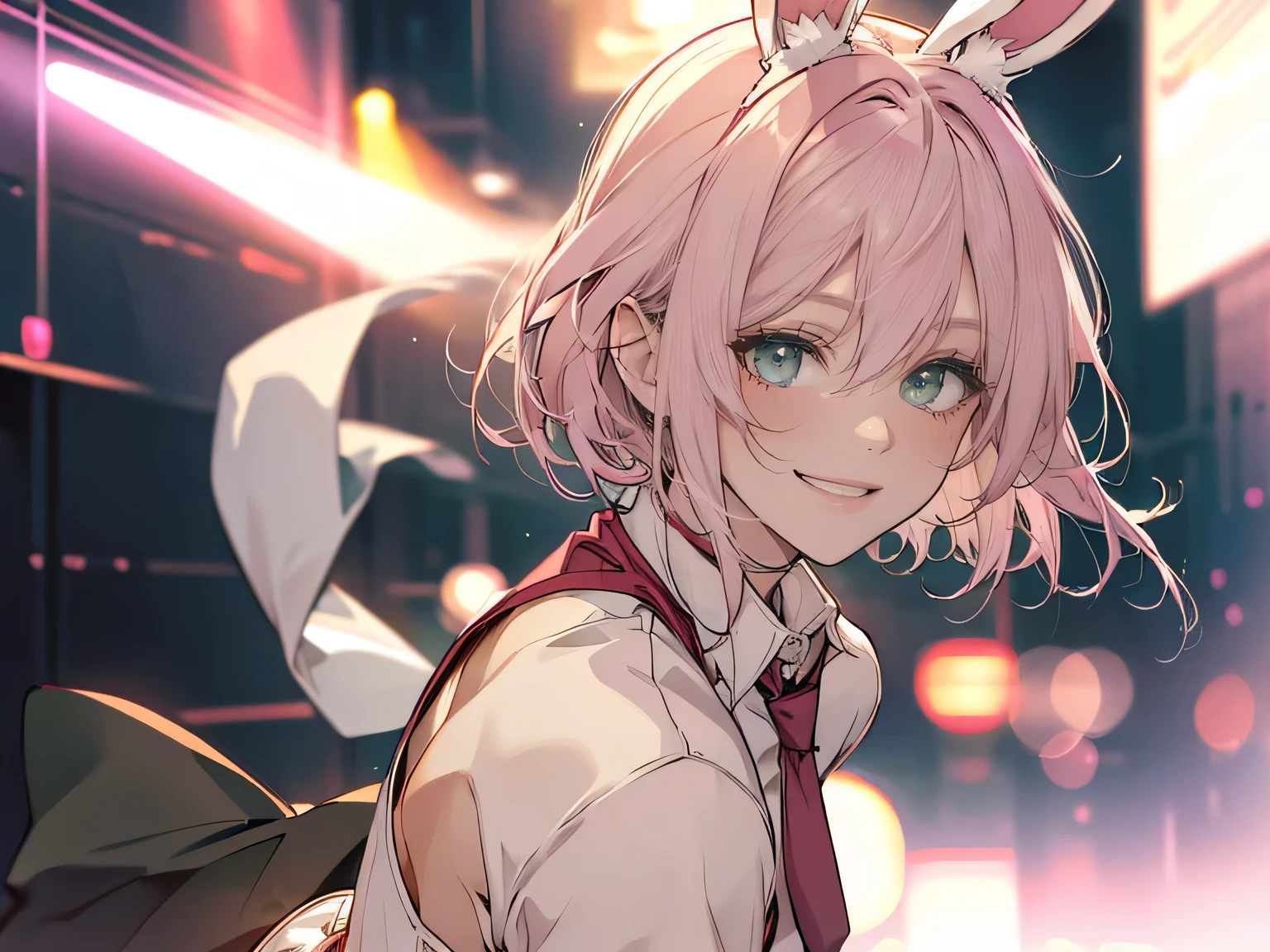 1female, teacher, wearing a light pink suit, red tie, bootyshorts, light pink bunny ears, Thicc, light pink hair, short hair, glowing green eyes, face to detail, detailed eyes, the background is a dark place, smiling, and laughing. Close up.