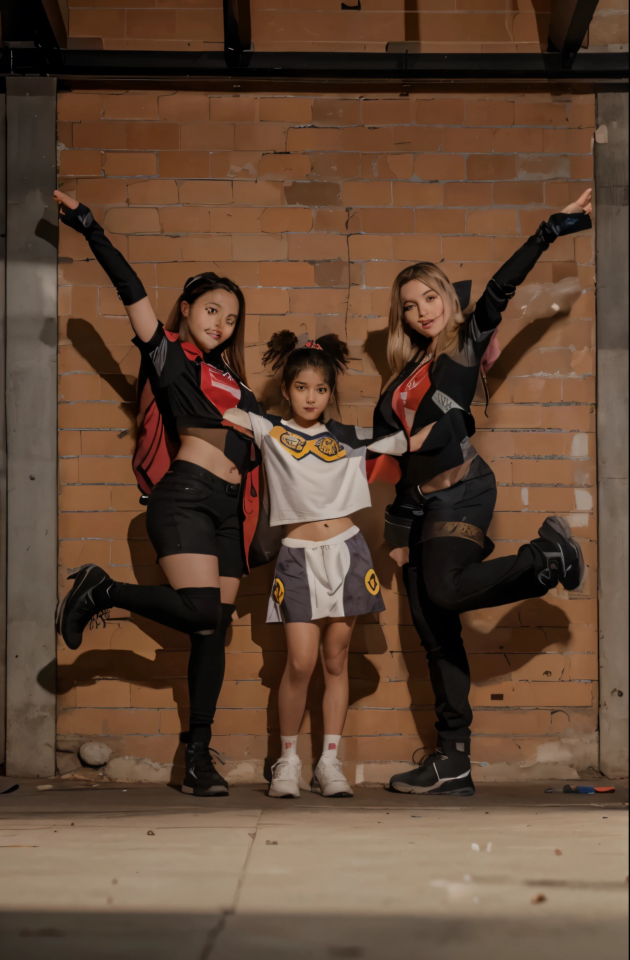 Three women in black and red outfits posing for a picture - SeaArt AI