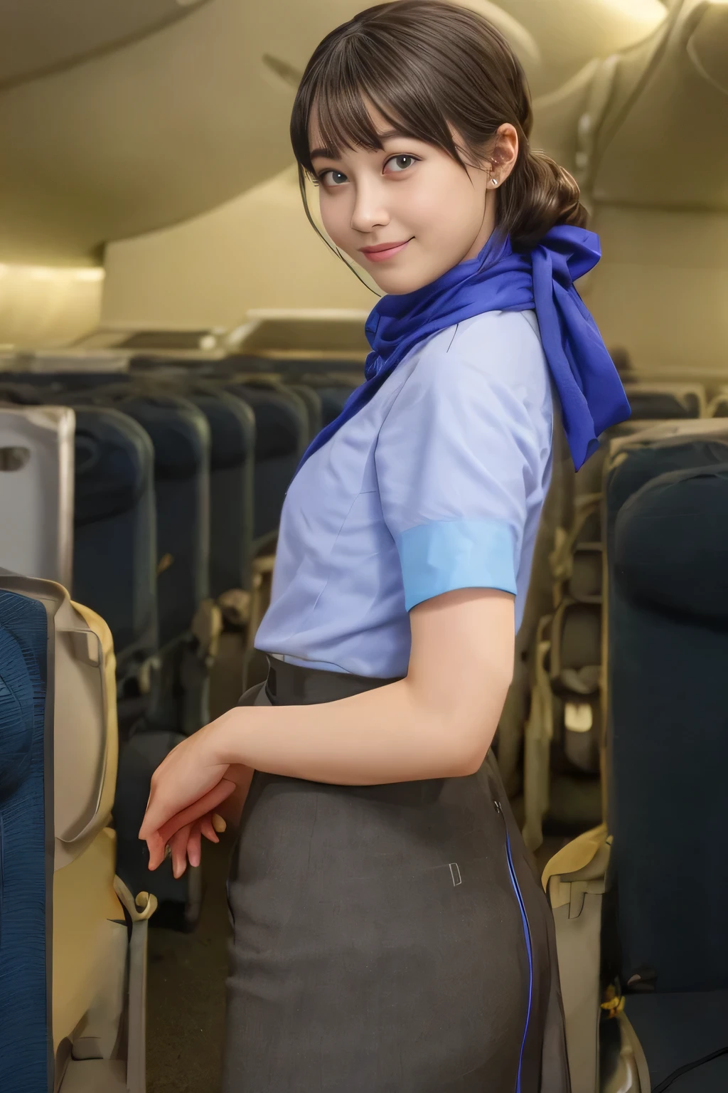 （Realistic style wearing the ANA cabincrew uniform）、（ANA cabincrew uniform）、（Short sleeve light blue blouse）、（ANA cabincrew uniform skirt with blue line on the back）