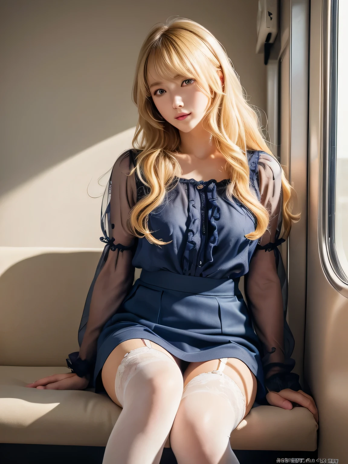 8K、Photo image masterpiece、highest quality、Super-resolution、Low angle view from the feet、Voyeur、Beautiful woman with golden, messy curly hair、((Blonde beauty))、With bangs、Impossibly cute face、And slim、Small breasts、High resolution、masterpiece、Exquisite Function 、Delicate eyes、Delicate blonde hair、8K quality、Pale light and shadow、Dindal effect、Blond hair blown by the wind、With bangs、Random Hairstyles、((A photo from the delicate feet)、(Detailed RAW Photos of Girls)、(Tabletop:1.25)、 (Highest quality:1.6)、(超High resolution:1.5)、(Real:1.75)、8K resolution、 (RAW Photos:1.2)、(Realistic:1.4)、Beautiful detailed woman、Very narrow waist、Very detailed eyes and face、Beautiful fine details, Ridiculous、Large file size、Very detailed、High resolution、highest quality、masterpiece、((A light navy blue summer blouse and a white skirt))、Very detailed、CG、Unified、8k wallpaper、wonderful、The finer detailasterpiece、highest quality、 Light on the face、Cinema Lighting、One 23 year old woman、((Inside a crowded train、Woman sitting in the front seat of a train、Men on both sides、The man on the right touches her thigh.、The man on the left is touching her breasts.、thighs are closed、Legs do not open、Wearing high heels、sunglasses、White Stockings、garter belt、Lighting from below、The inside of the skirt is also clearly visible.、Liked images、Voyeur: T-back panties of random colors and shapes peeking out from under a skirt、See-through thong panties、))