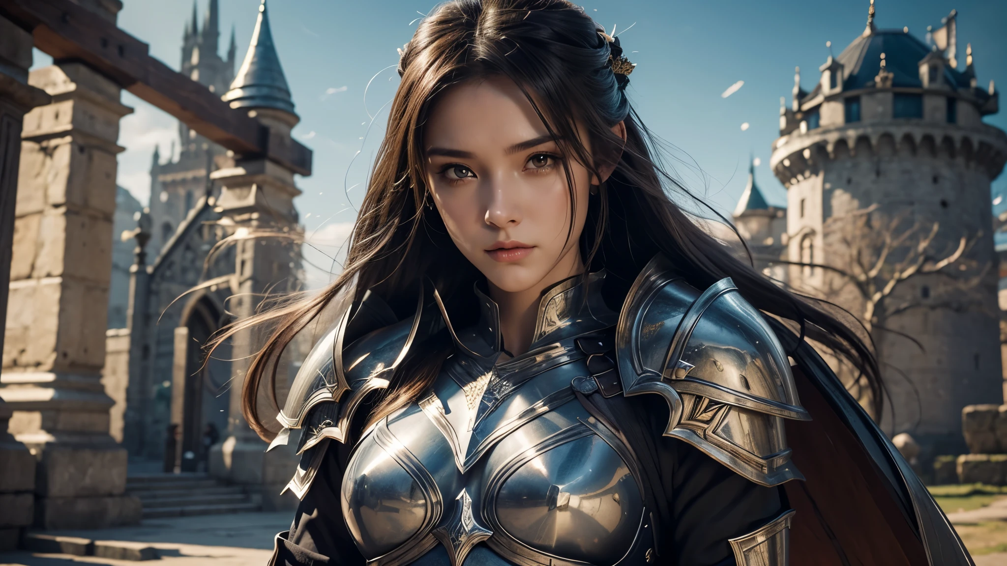 Close-up of a woman holding a sword and armor, Armor Girl, 2. 5D CGI anime fantasy artwork,  Large Breasts，Epic fantasy digital art style, detailed Digital 2D fantasy art, Digital 2D fantasy art, Gorgeous female warriors,Look at the camera， Role Playing Game Character Art, beautiful female knight, Fantasy Character Art, Epic and beautiful character art, beautiful female warrior，The background is the castle，dusk，semi-body photography，Look at the camera