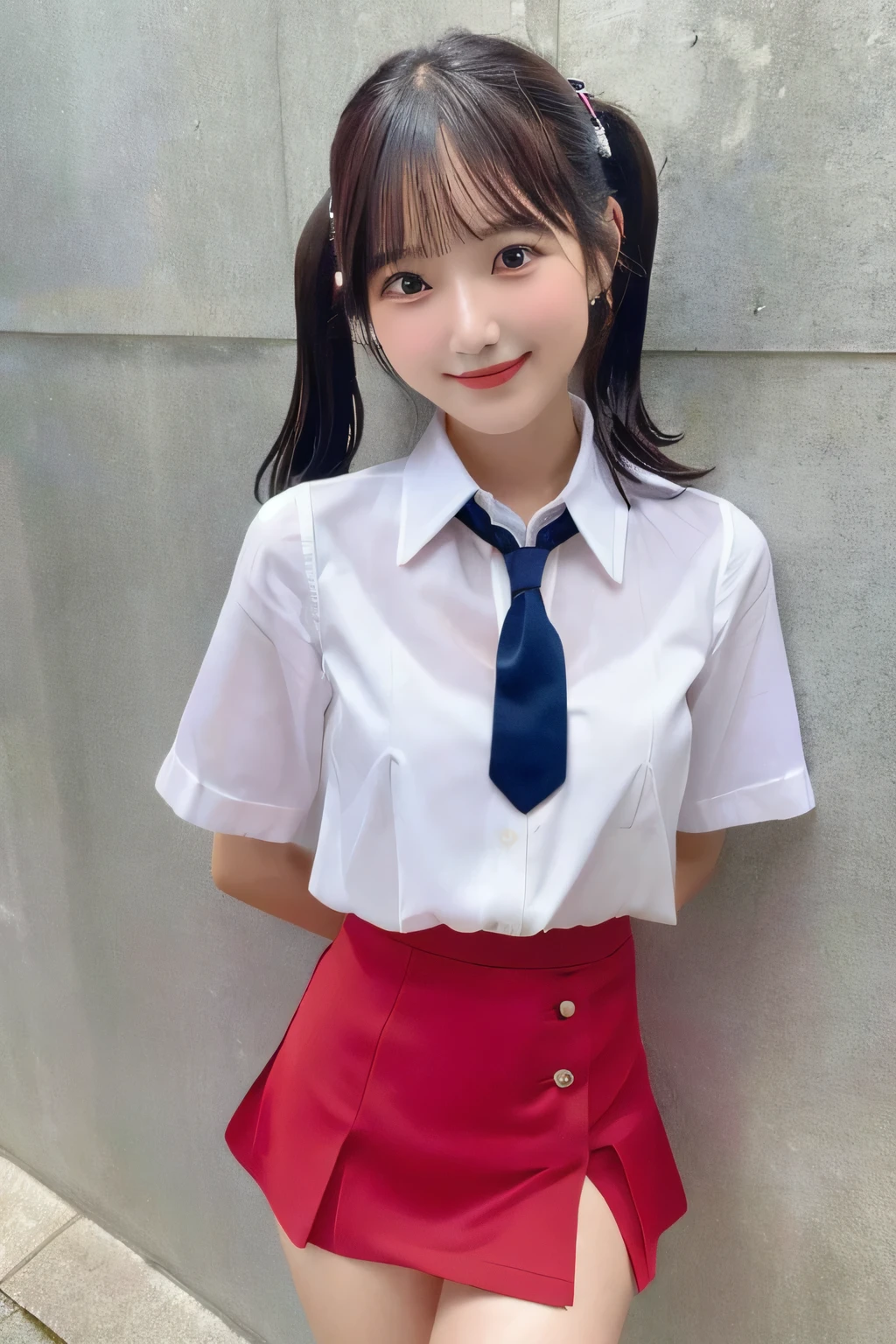 ((Ultra-high resolution)),8K,、Small breasts, , Twin tails,  Red mini skirt, Navy blue tie、White shirt、Small cleavage 2:1,Idol Sculpture, Wet, smile、Pink wall、sexy、slender、Shapely small breasts、I can see your thighs、