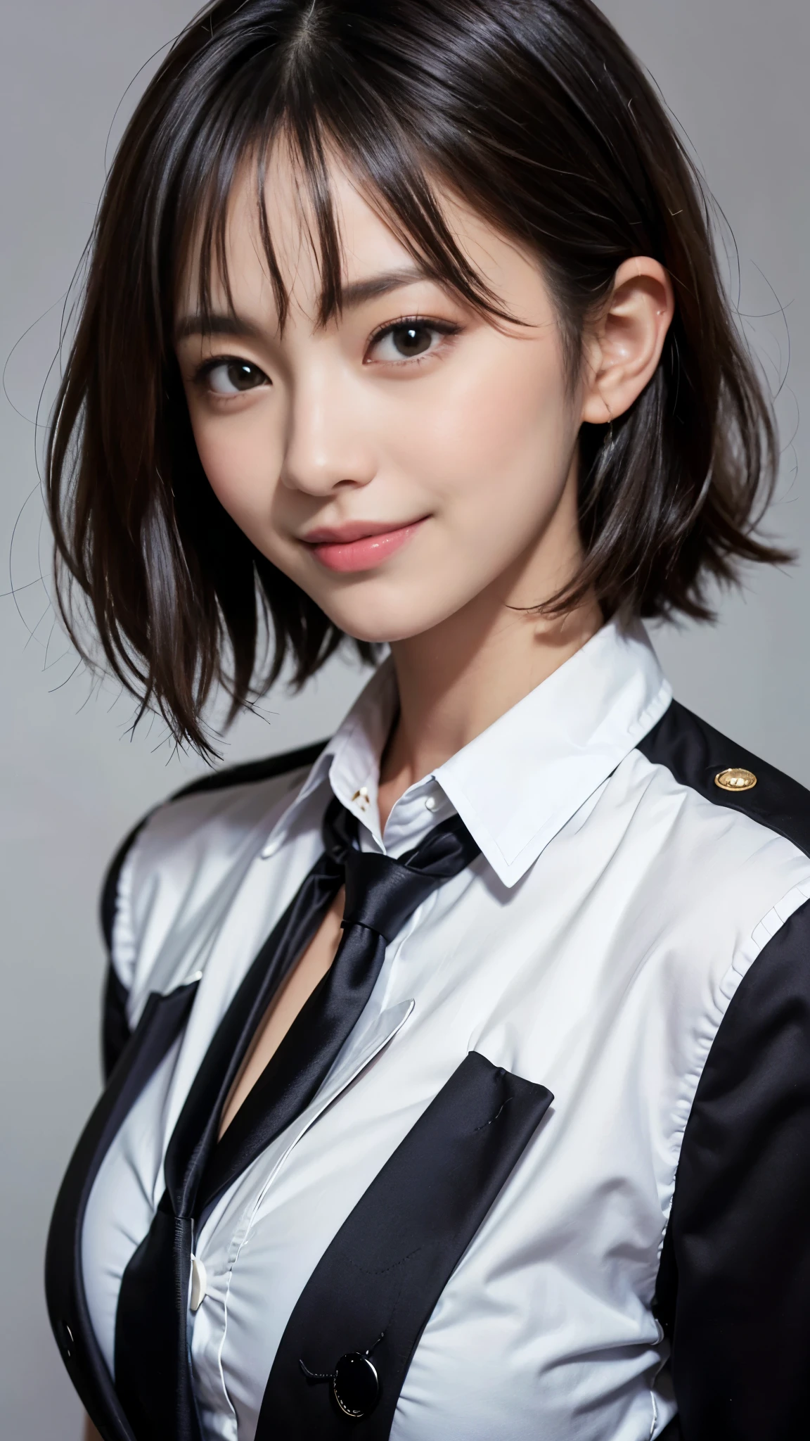 ((highest quality、masterpiece、High resolution))、(((Zoom photo of upper body)))、A shy smile、15 years old、Large Breasts、Police Officer、Black Hair、Trimmed bangs、short hair