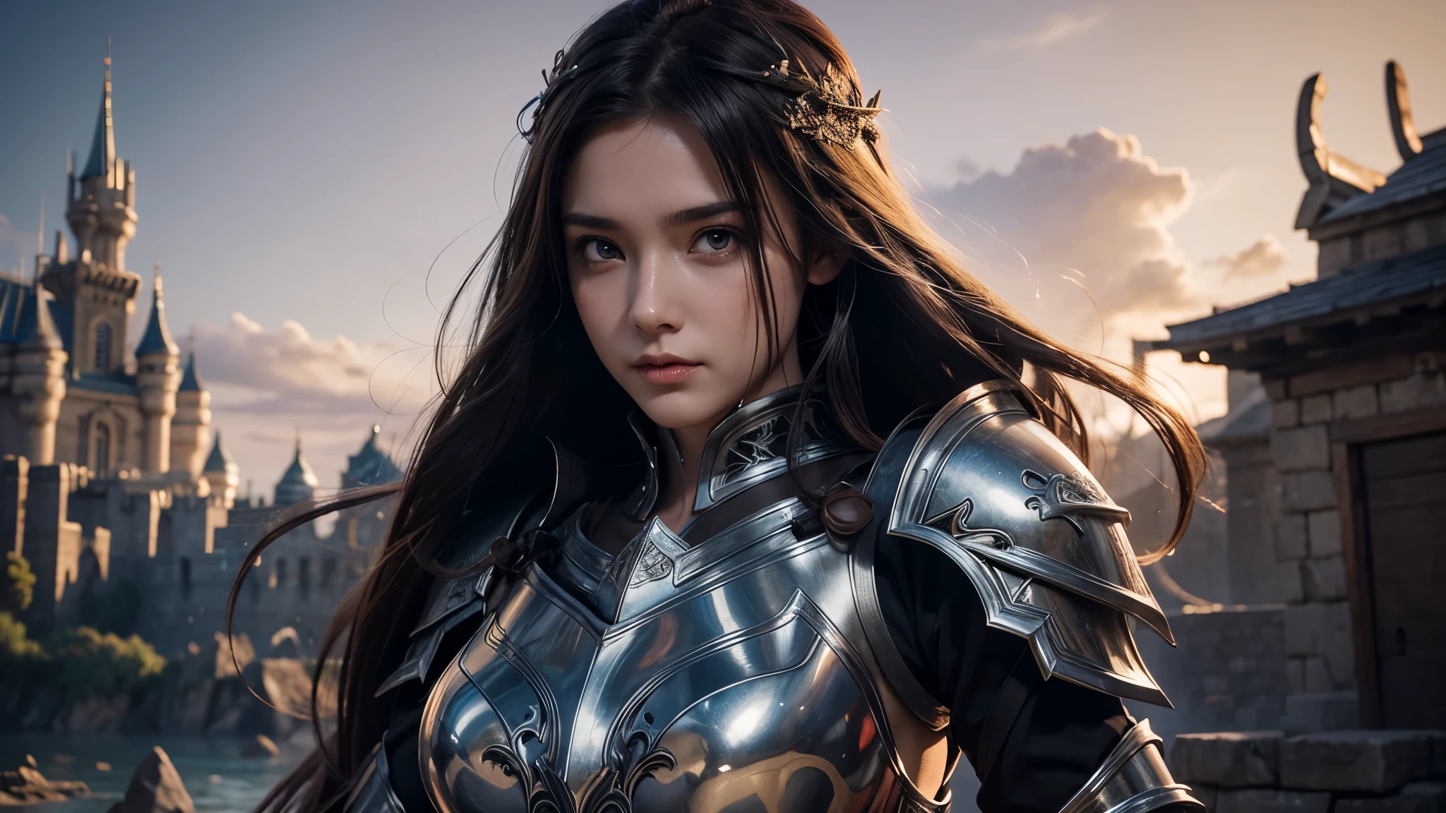 Close-up of a woman holding a sword and armor, Armor Girl, 2. 5D CGI anime fantasy artwork,  Large Breasts，Epic fantasy digital art style, detailed Digital 2D fantasy art, Digital 2D fantasy art, Gorgeous female warriors,Look at the camera， Role Playing Game Character Art, beautiful female knight, Fantasy Character Art, Epic and beautiful character art, beautiful female warrior，The background is the castle，dusk，semi-body photography，Look at the camera