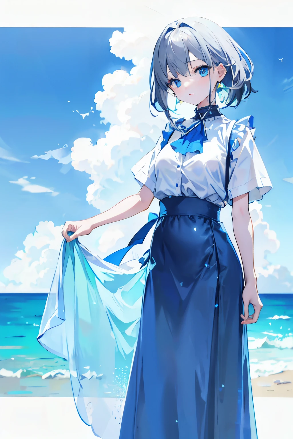 1 girl、Gray Hair、Blue clothes、Long skirt、Ocean